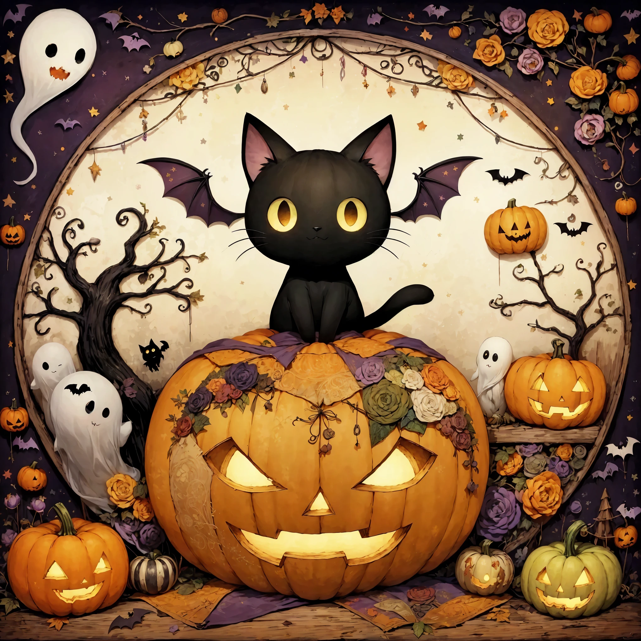 Fixes, ghost black eyes ,handicraft artwork,patchwork,cloth,button,Felt fabric,Embroidery thread,Handicrafts with a warm and gentle atmosphere,(Halloween: pumpkin, ghost silhouette,Bats,Hummingbird ),A dream-like sight,rustic colors,intricate details,artwork,Three-dimensional