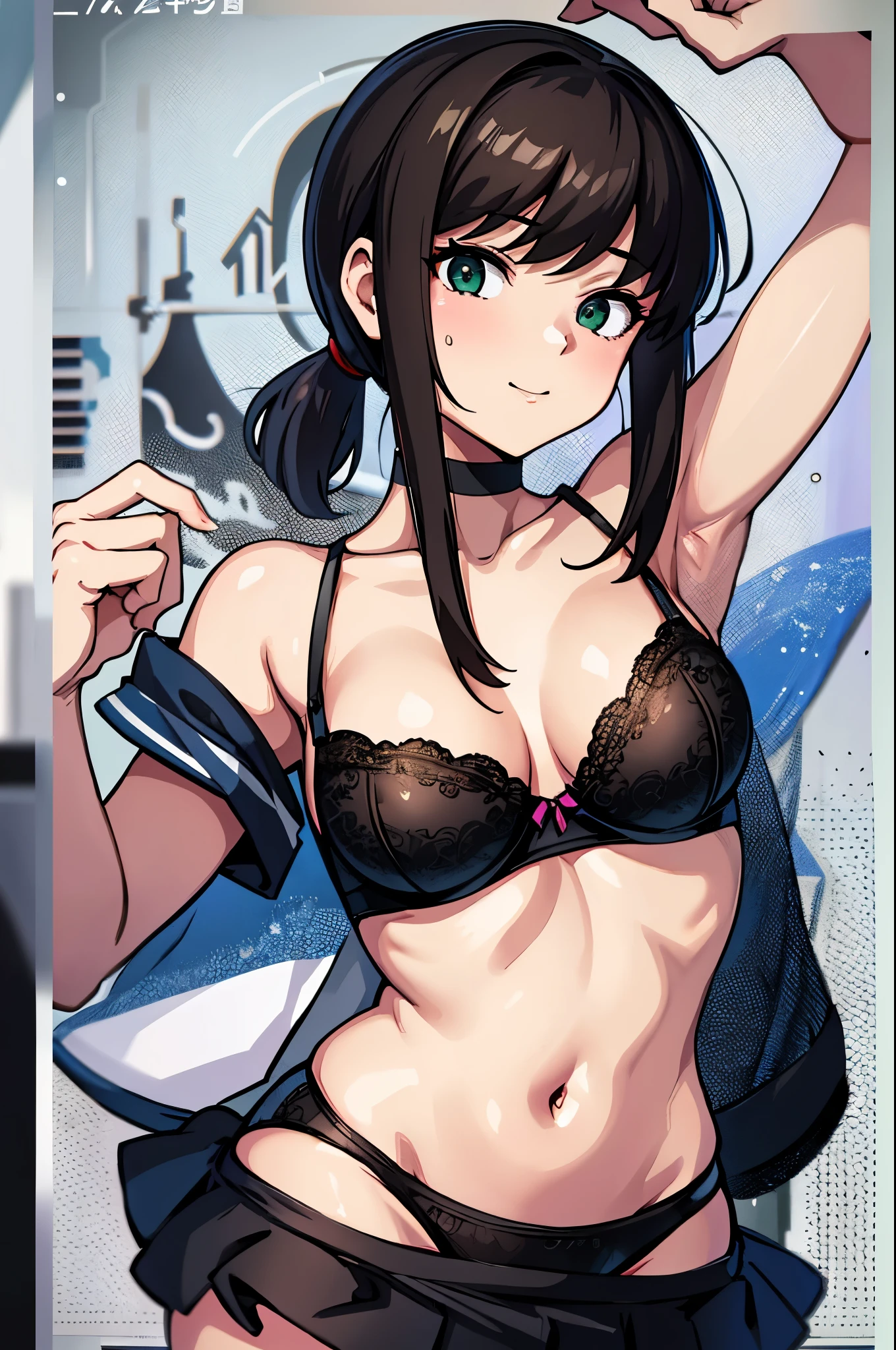 (masterpiece, Highest quality, detailed:1.3),(photograph:1.3), HD transparent background, Attention to detail,cute,One Girl, cute表情, smile,、Sparkling eyes,The audience watching,(small),smile, Perfect Face,Full body portrait、Hair tied up、indoor、Black Hair、(((White panties)))、,(((White bra)))、White underwear、,View from below、Sitting、((Spread your legs))
