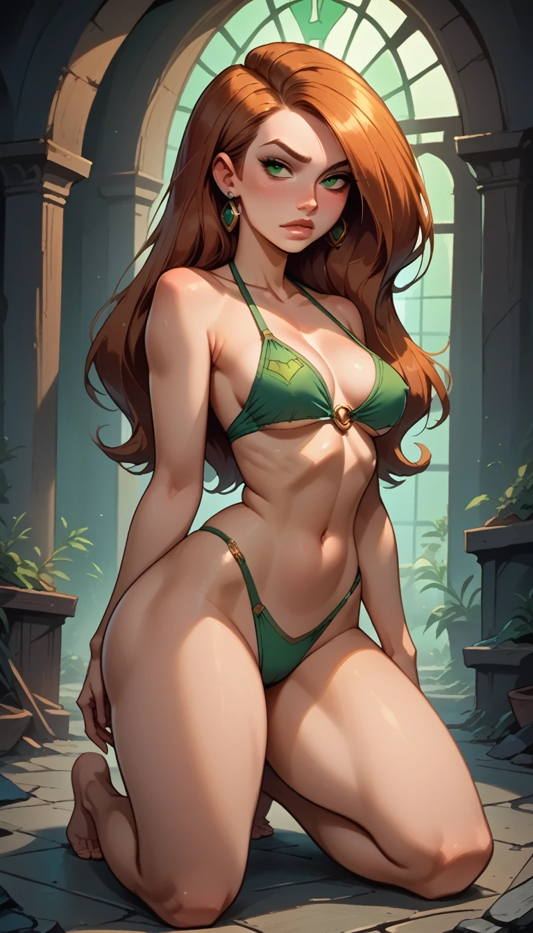  Kim Possible, (green bikini),  long hair, green eyes,  thick thighs , tense,  big boobs, beautiful legs, Kneeling in the dungeon, light of torches, ,high quality,masterpiece,detailed,  cinematographic lighting  