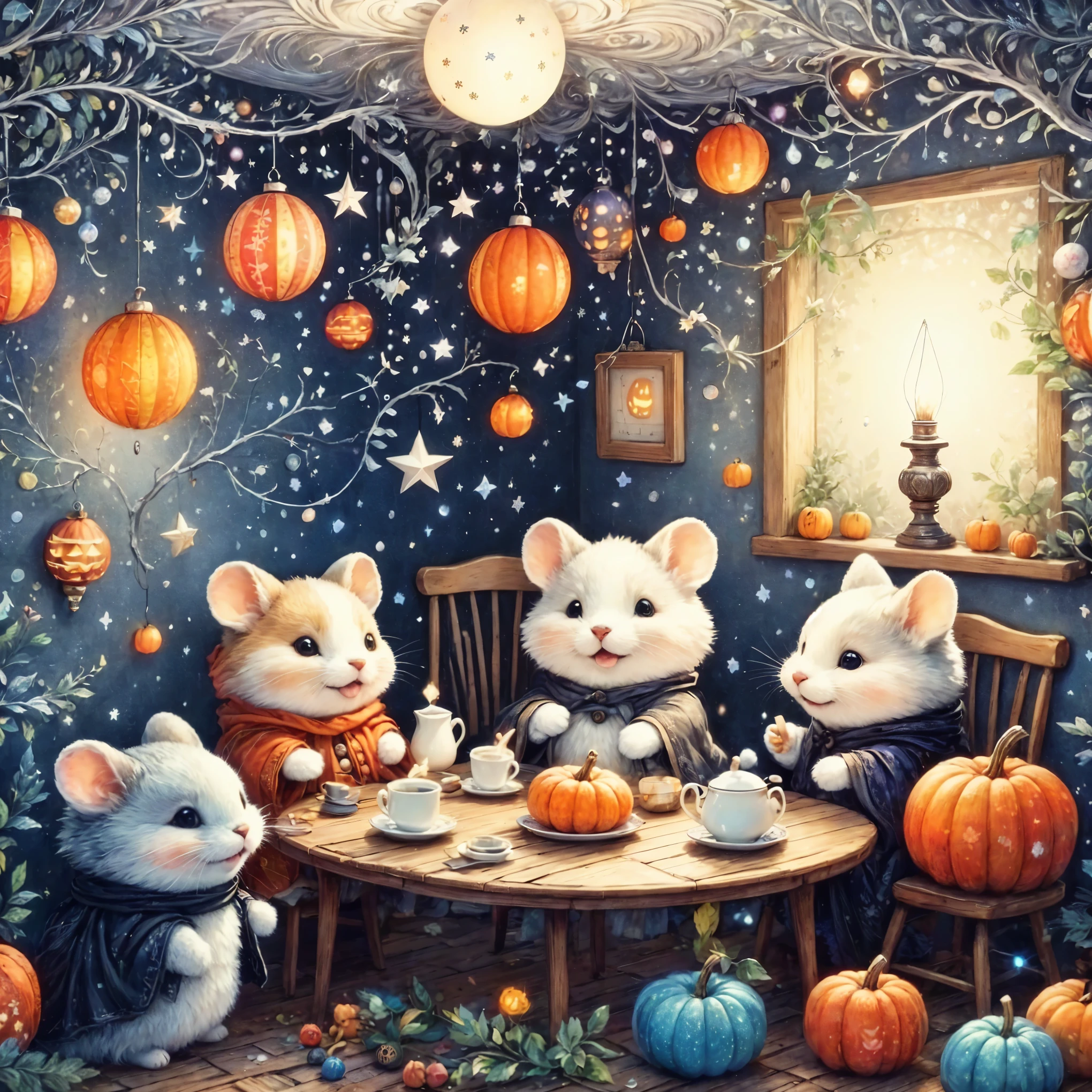 handicraft artwork,patchwork,cloth,button,felt fabric,Embroidery thread,Handicrafts with a warm and gentle atmosphere,(Halloween:カボチャ,おばけのシルエット,コウモリ,ハムスター),A dream-like sight,rustic colors,intricate details,artwork,Three-dimensional