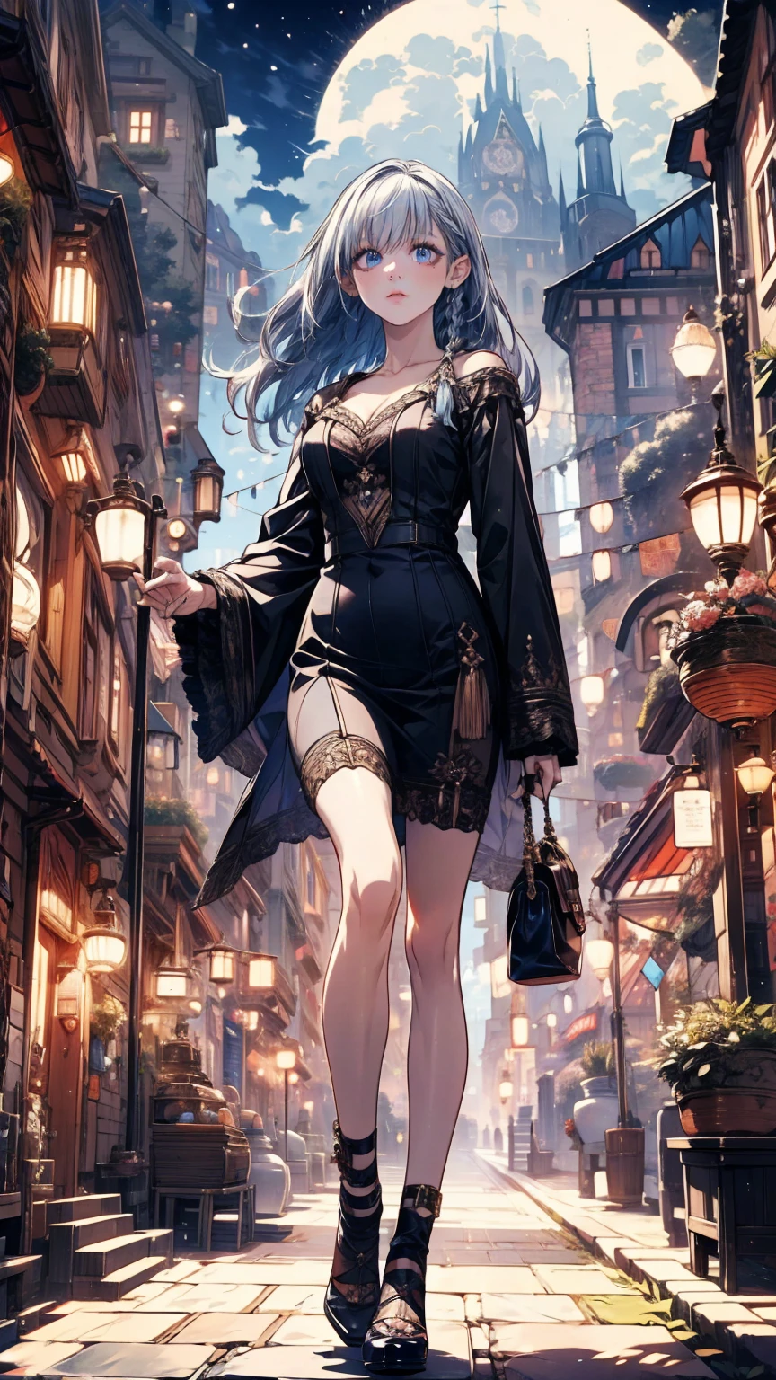 (Beyond the masterpiece, best quality, high resolution, incredibly absurdres, realistic depiction, ultra detailed artwork, perfect anatomy,anatomically correct, UHD, 4k, 8k,) solo, seductive female, 24years old, walking on a street in Prague, (realistic detailed portrait, face to knees), looking at views, detailed captivating face, beautiful hazel eyes, eyelashes, pastel color makeup, BREAK \(beautiful blue hair, medium long hair, thin hair, moving by breeze\), medium breasts, looking at viewer, BREAK \(wearing white shirt, frills, pencil skirt, cleavage\),  (detailed depictions of background, (beautiful ultra detailed townscape of Prague), romantic, Night scene, Prague townscape, detailed Prague townscape), perfect)