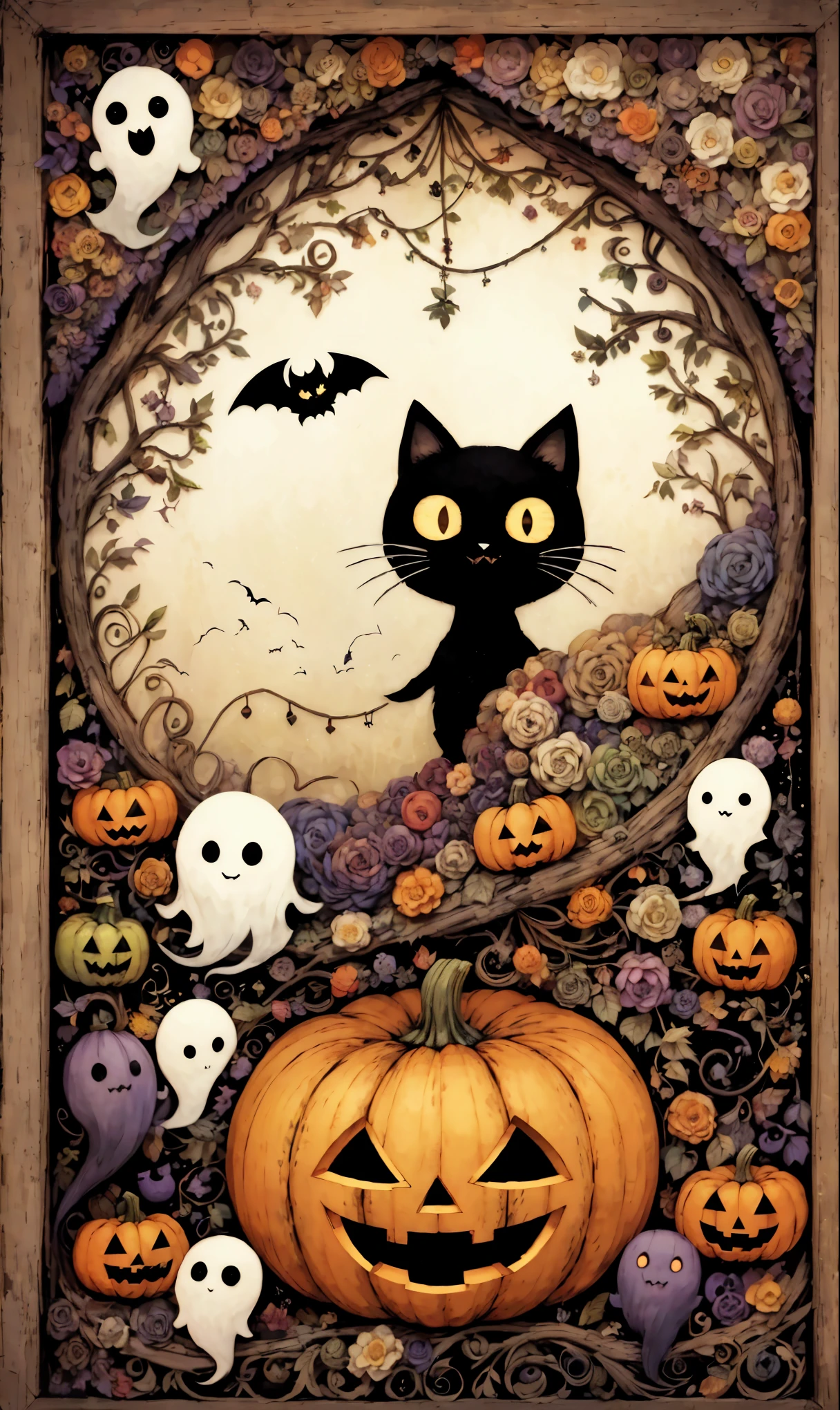 handicraft artwork,patchwork,cloth,button,Felt fabric,Embroidery thread,Handicrafts with a warm and gentle atmosphere,(Halloween: pumpkin, ghost silhouette,Bats,Black Cat,White cat),A dream-like sight,rustic colors,intricate details,artwork,Three-dimensional