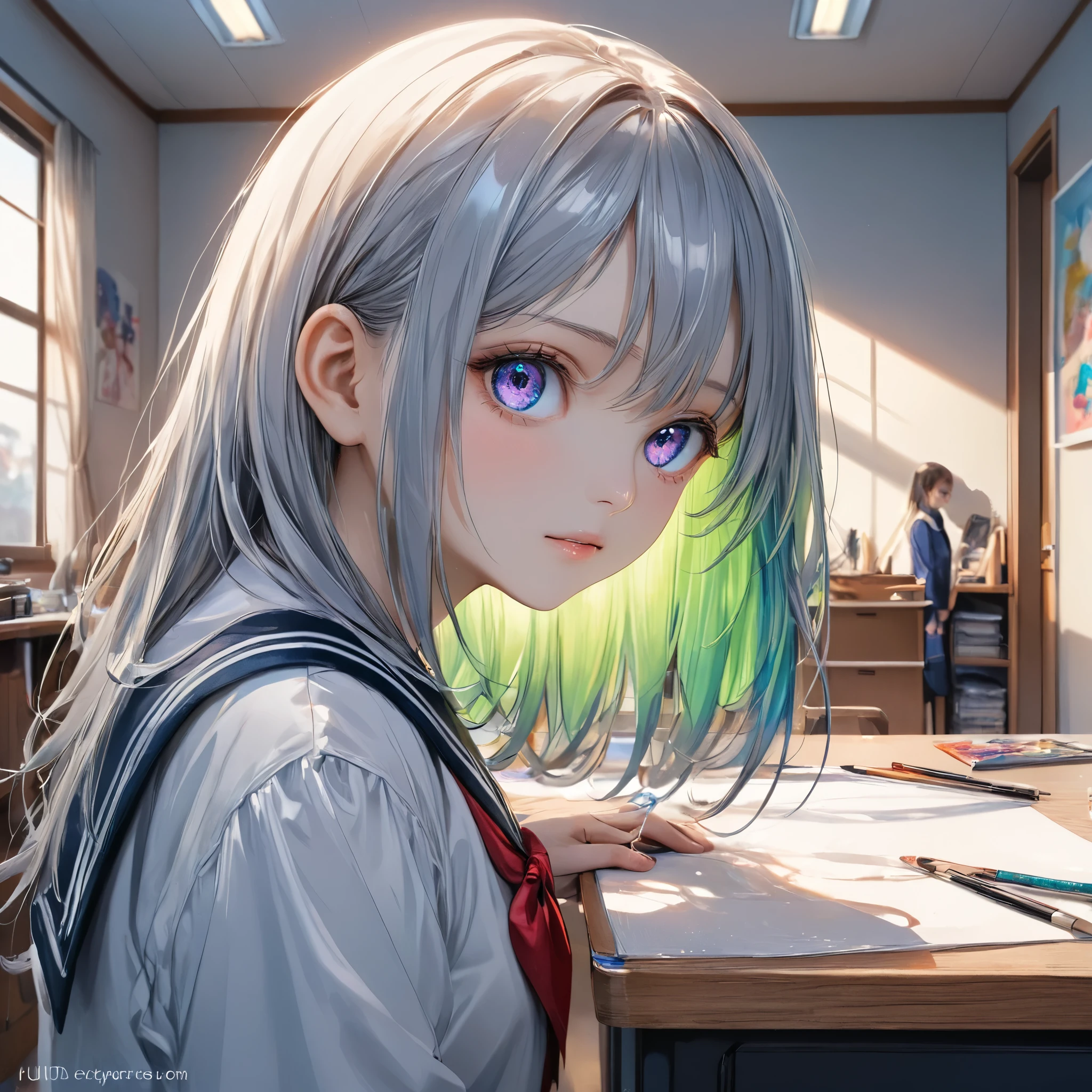 masterpiece, best quality, 8k, highres, ultra-detailed,HDR, UHD, studio lighting, ultra-fine painting, sharp focus, physically-based rendering, extreme detail description, professional, vivid colors,BREAK,1girl,japanese gal, comb over hair,(eyes:0.2),((full body)), looking away, wearing school sailor ,high school,class room