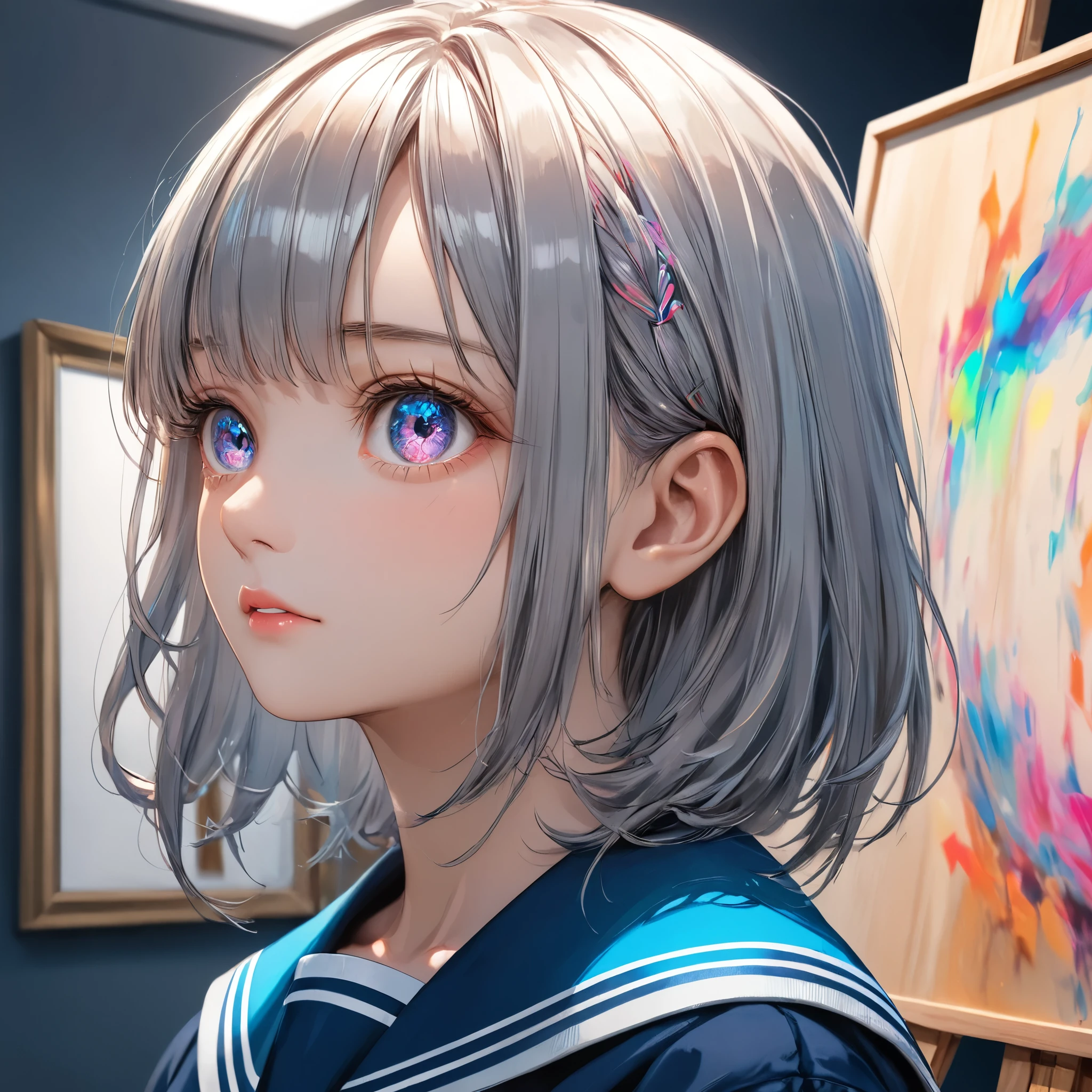 masterpiece, best quality, 8k, highres, ultra-detailed,HDR, UHD, studio lighting, ultra-fine painting, sharp focus, physically-based rendering, extreme detail description, professional, vivid colors,BREAK,1girl,japanese gal, comb over hair,(eyes:0.2),((full body)), looking away, wearing school sailor ,high school,class room