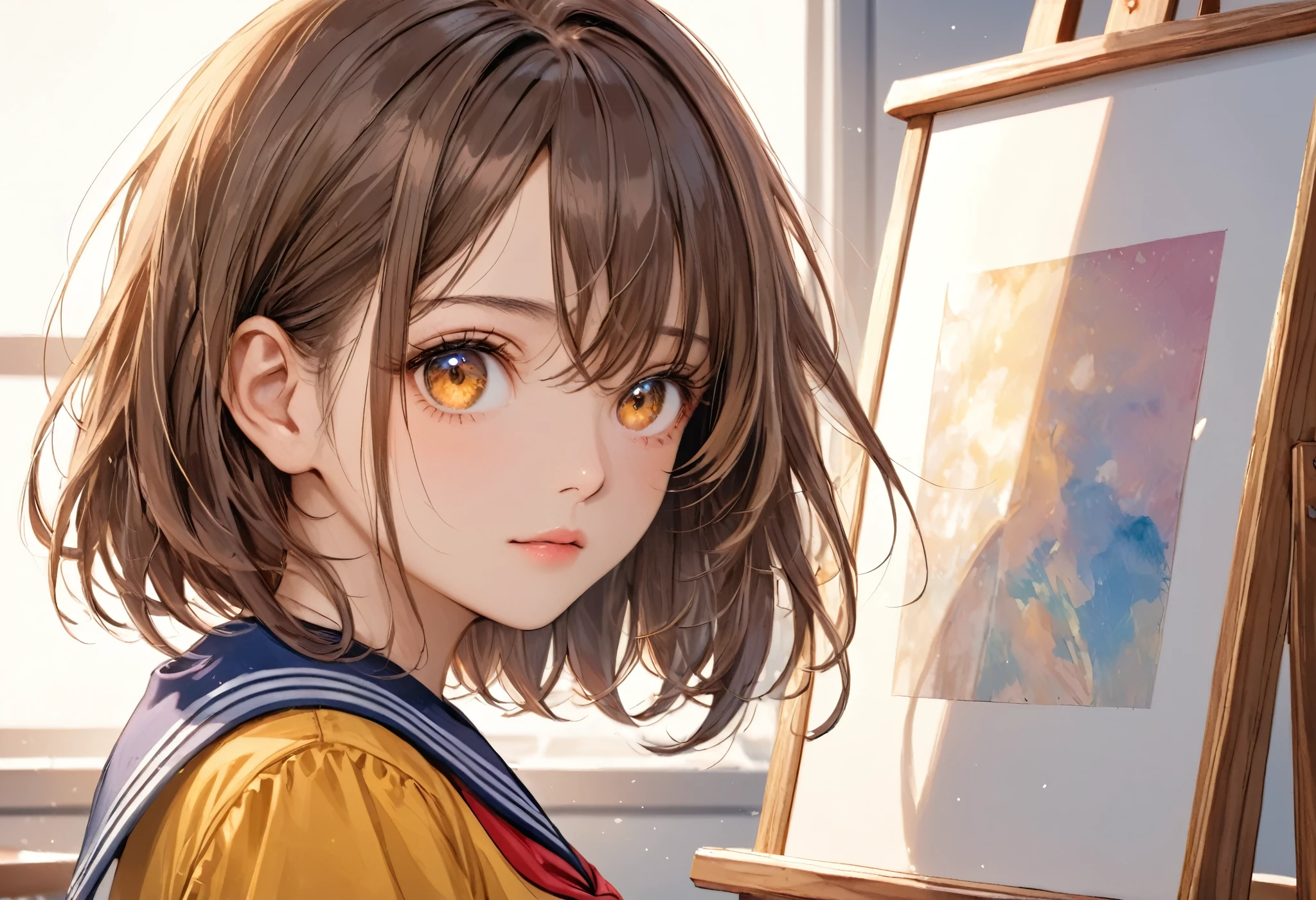 masterpiece, best quality, 8k, highres, ultra-detailed,HDR, UHD, studio lighting, ultra-fine painting ,illustration, best quality, 1girl,upper body,brown hair, looking away, wearing school sailor, high school,class room
