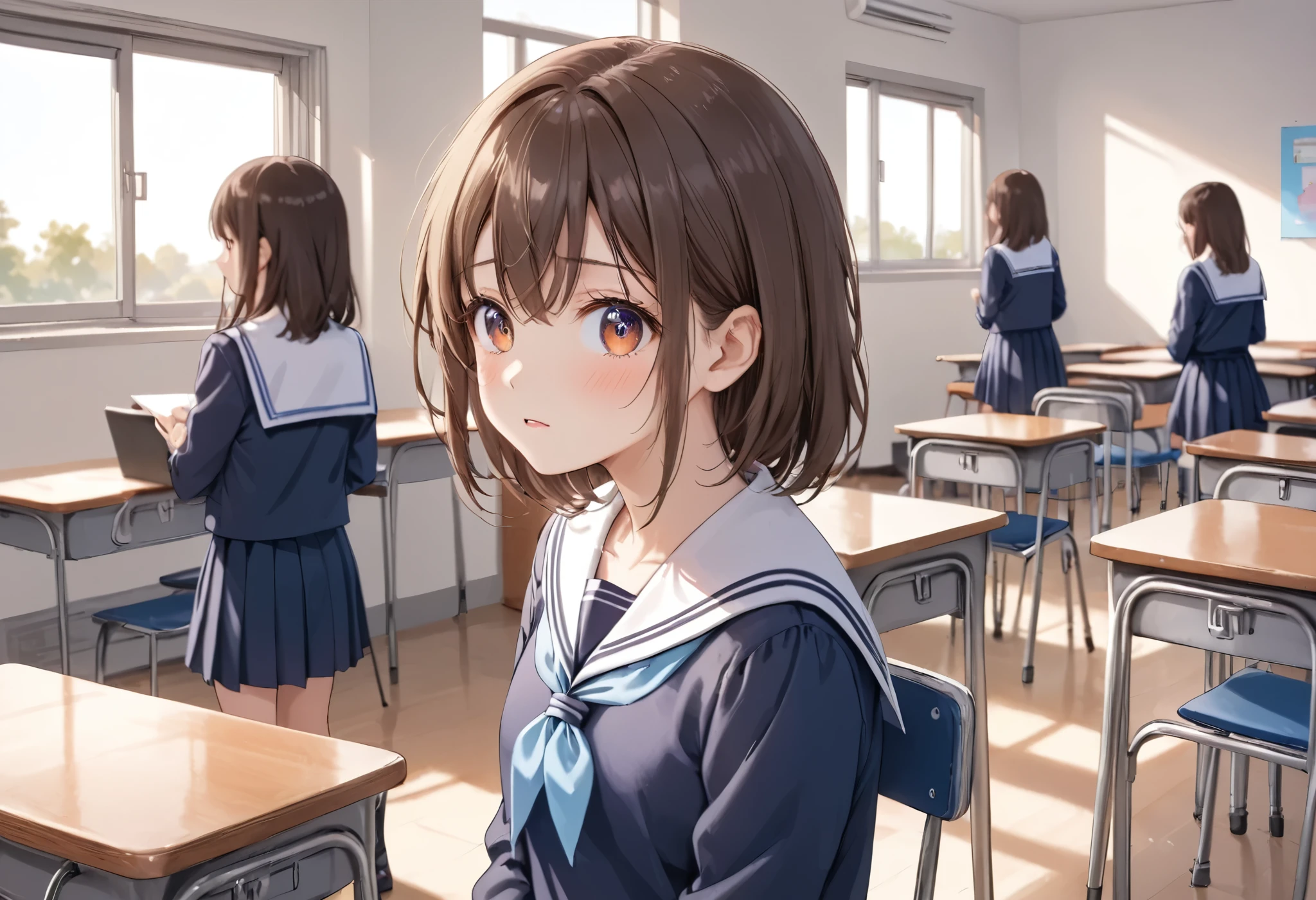 illustration, best quality, 1girl,full body,brown hair, shy expression, blush, looking away, wearing school sailor, high school,class room