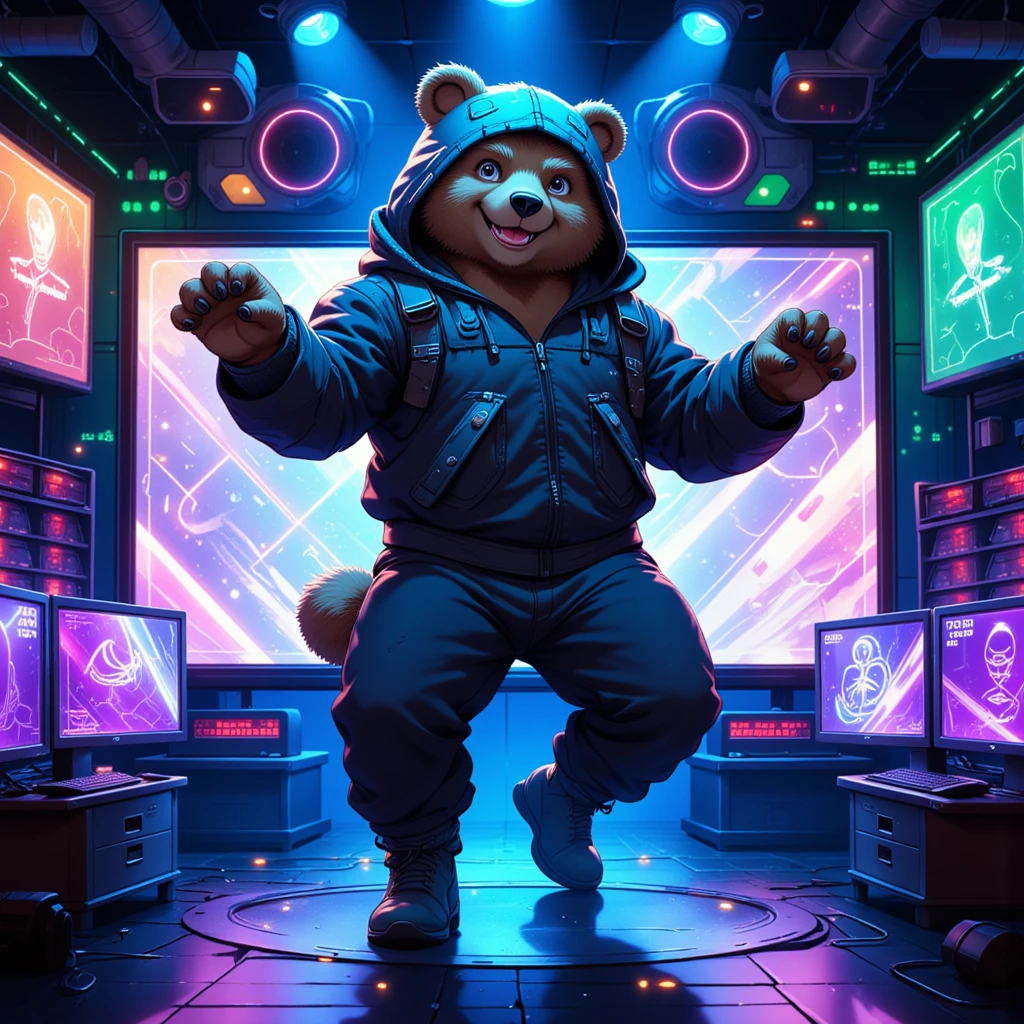 A futuristic, cyber-themed scene featuring a virtual idol—a bear humanoid male—displayed on a large monitor within a high-tech, digital environment. The bear humanoid has a sleek, cyber look, with neon accents, metallic textures, and glowing circuits on his outfit. He performs energetically, with a confident and charismatic expression, as digital effects and holographic elements surround him. The monitor is framed by high-tech components and bright holographic lights, adding a sense of immersion in the virtual world. The color palette includes electric blues, neon purples, and vibrant greens, giving the entire scene a modern, futuristic vibe, (futuristic, cyber-themed, virtual idol, bear humanoid male, large monitor, high-tech digital environment, neon accents, metallic textures, glowing circuits, charismatic expression, holographic elements, energetic, high-tech components, electric blue, neon purple, vibrant green, immersive, modern)