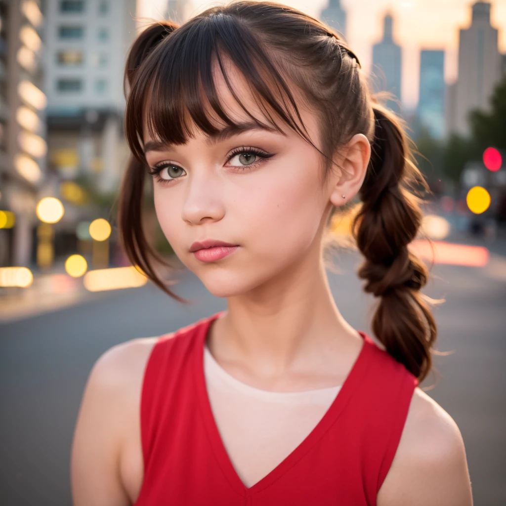 Close-up photo of a girl's face in a colorful dress, black hair ponytail, city street at sunset, bokeh