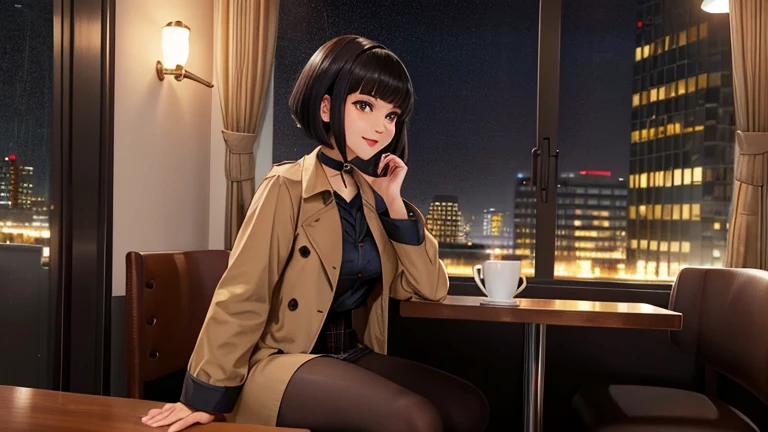 female focus, portrait, parted lips, 
1girl, spherehunter, bobcut, black hair, blunt bangs, brown eyes, lips, red lips,  blush, medium breasts, choker, layered clothing, felt brown plaid trench-coat, open jacket, dress shirt, skirt, tights, 
glistening skin,
sitting in cafe, raining outside, bustling city visible through window, night life, 
ultra-realistic, warm volumetric lighting, subsurface scattering, Behind your smile there are a million mysteries Your beautiful eyes make the world stop Every time I'm close I hear a symphony In the whispers of a night full of dreams
