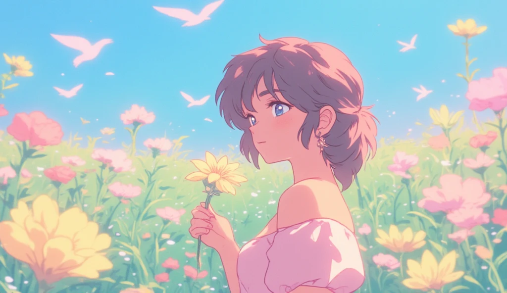 woman standing in a flowerfield smiling, she is holding a yellow flower, light colors, pastel art, Anime style, beautiful Arte digitalwork,
There is a blue background behind her with white and pink birds flying in the air.