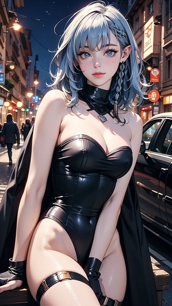 (Beyond the masterpiece, best quality, high resolution, incredibly absurdres, realistic depiction, ultra detailed artwork, perfect anatomy,anatomically correct, UHD, 4k, 8k,) solo, beta, walking on a night street in Prague, (closeup upper body portrait) , (realistic detailed portrait, face to knees), looking at views, detailed captivating face, beautiful blue eyes, eyelashes, pastel color makeup, BREAK \(beautiful blue hair, medium long hair, thin hair, moving by breeze\), medium breasts, looking at viewer, BREAK \(cape, bodysuit, gloves, black leggings\),  (detailed depictions of background, (beautiful ultra detailed townscape of Prague), romantic, Night scene, Prague townscape, detailed Prague townscape), perfect)