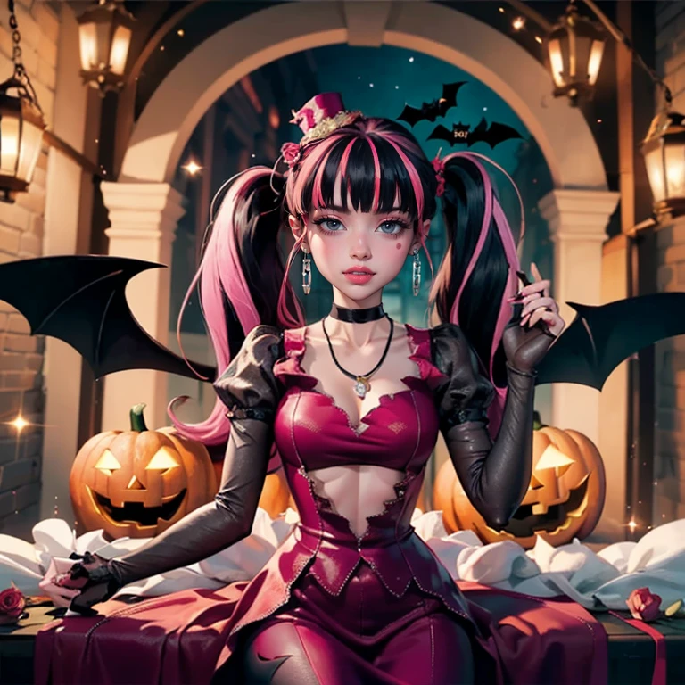 1 girl, a girl with bat wings on her back, perfectly hands, perfectly body, black choker, long dress, bat necklace, necklace, centered, bat jewelry, award winning upper body portrait, mini bat wings on her head, (looking at viewer:1.2), Draculaura_MH, solo, black half hair, pink half hair, multicolored hair, long hair, twintails hair, halloween theme, ornament hair, pink roses on head, halloween style, fantasy, pink dress, witch hat on her hair, white knee boots, smiling, cemitery scenery, pumpkin lanterns, pink roses on focus, halloween, depth of field, cinematic composition, half black hair, half soft pink hair, wave hair, pink heart in the eyes, smile, vampire fangs, bat wings, black dress, long dress, black dress with transparency, white laces, black gloves, black high socks, high hills boots, bat jewelry, jewelry, coffin on focus, pink roses, Draculaura_(monster high), Monster High, looking at the viewer, more details on the clothes, solo, centered girl, cowboy shot, perfectly body, perfectly hands, two arms, two legs, two hands, five fingers, perfect anatomy, glowing hair, red roses, 1girl, dress, solo, flowing hair, floating hair, ornament hair, perfectly body, perfectly hands, on the stage, sparkles, more details on her clothes, dress with transparency, golden details on her dress, night, holding a candle, super cute girl, delicate and beautiful face, mature girl, super cute hairstyle