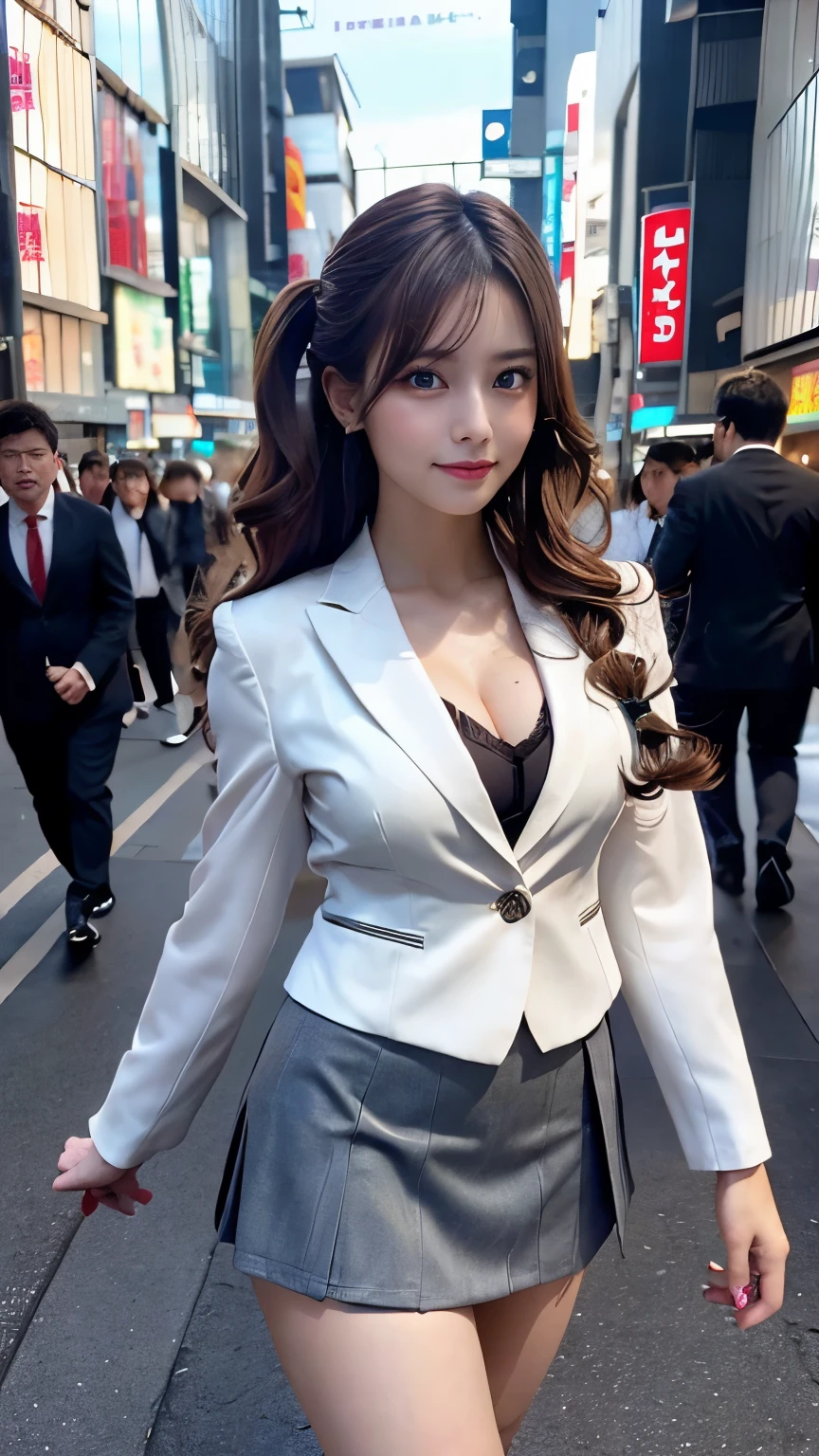 best quality, masterpiece, 1 girl, beautiful face, (photo photo-realistic:1.3), edge lighting, (high detail skin:1.2), 8k ultra hd, DSLR, high quality, high resolution, 4k, 8k, bokeh, absurd, best ratio four fingers and one thumb, (realistic:1.3), cute 1girl, wearing white formal blazer, medium breasts, short skirt,
