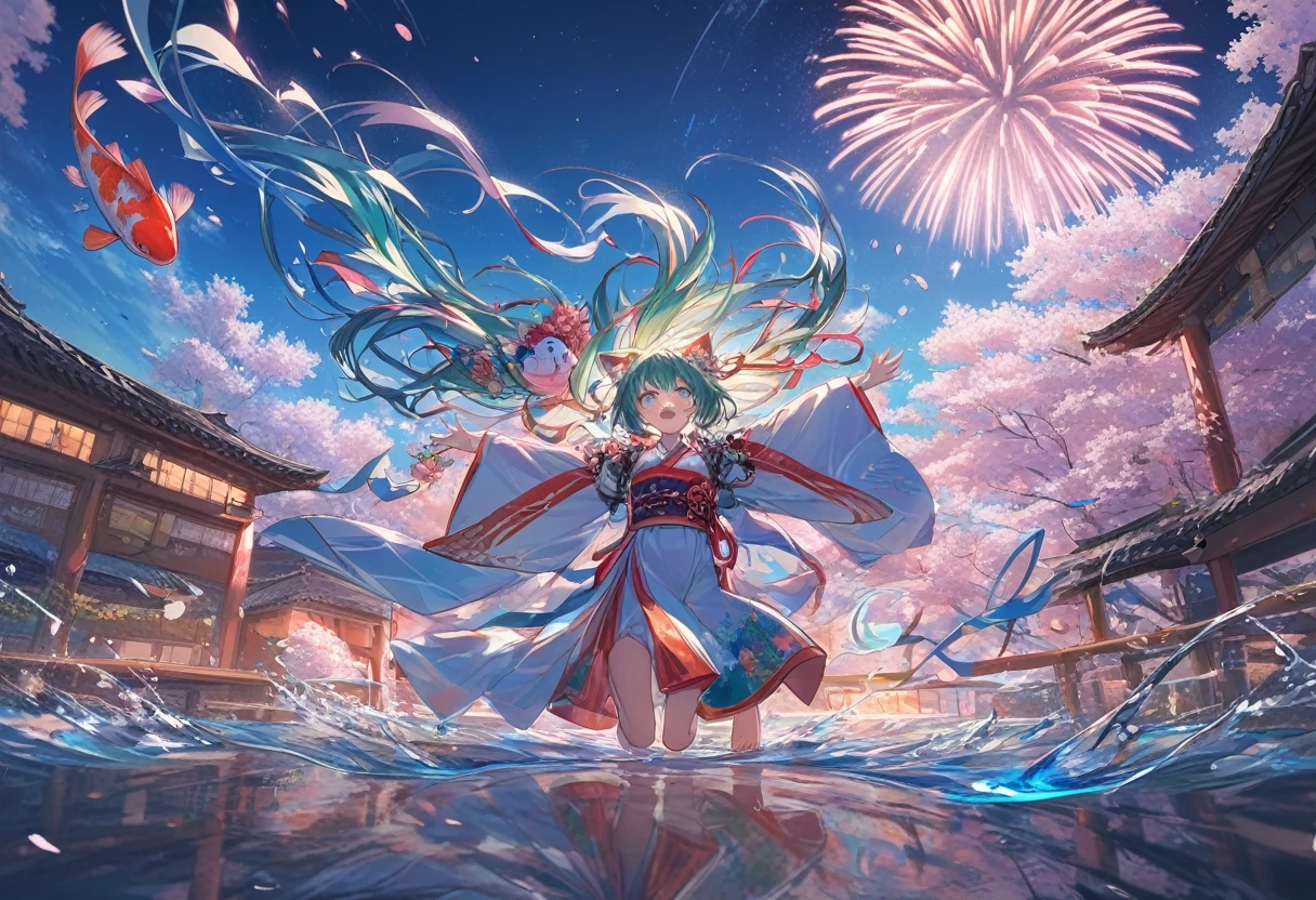 'Hikari, the cheerful and energetic university mascot, leaps joyfully into the air, her vibrant blue-green hair and shimmering aqua eyes sparkling with excitement. Her ornate kimono, adorned with delicate sakura blossoms and playful New Year's motifs, billows around her as she tosses handfuls of iridescent confetti into the dazzling night sky.' 'In the background, a breathtaking display of fireworks erupts, bursting in a magnificent array of colors - crimson red, radiant gold, shimmering silver, and vibrant azure blue. The fireworks' reflections dance across the tranquil surface of a koi pond, creating a mesmerizing tableau of light and movement.' anime, anime style, blush, expressions, anime, Conceptual art, high detail, anime style, UHD, masterpiece, accurate, anatomically correct, textured skin, super detail, high details, high quality, award winning, best quality, highres, 8k, (SuperQuality:1.0) ~ (SuperQuality:1.2), (negative_v2 Color_Balance_Calibration:0.8)