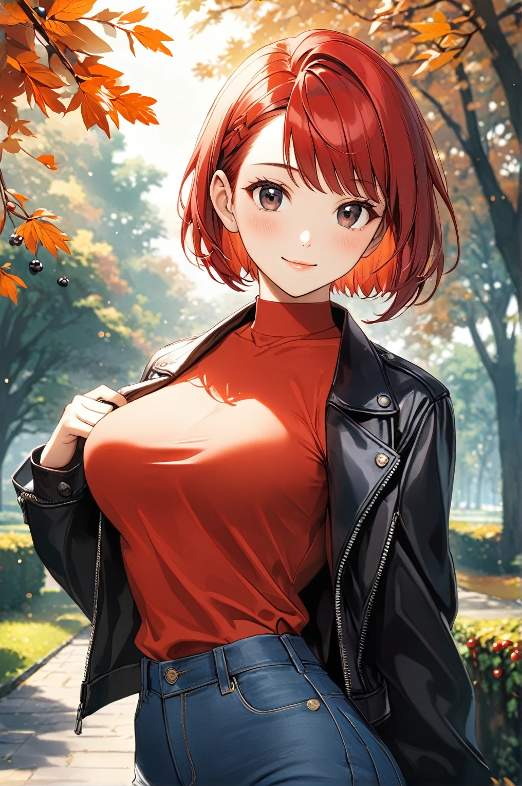 1 girl,(berry shortcut hair,red hair, swept-back,:1.8),red shirt,black riders jacket,jeans,skull necklace,big black eyes,long eyelashes,Muscular、(F cup beautiful breasts)、25years old, (tall:1.2),height: 175cm,Sexy long legs,Fashion model body type,solo,smile、Shy、Shyness,Cool look,blush,Anime-style painting style,A composition that shows the upper body,front view,looking at viewer,cinematic lighting,Superfine,magnificent view、park、autumn,(morning:1.5)、(sexy) ,(closeup:1.5),dynamic angle