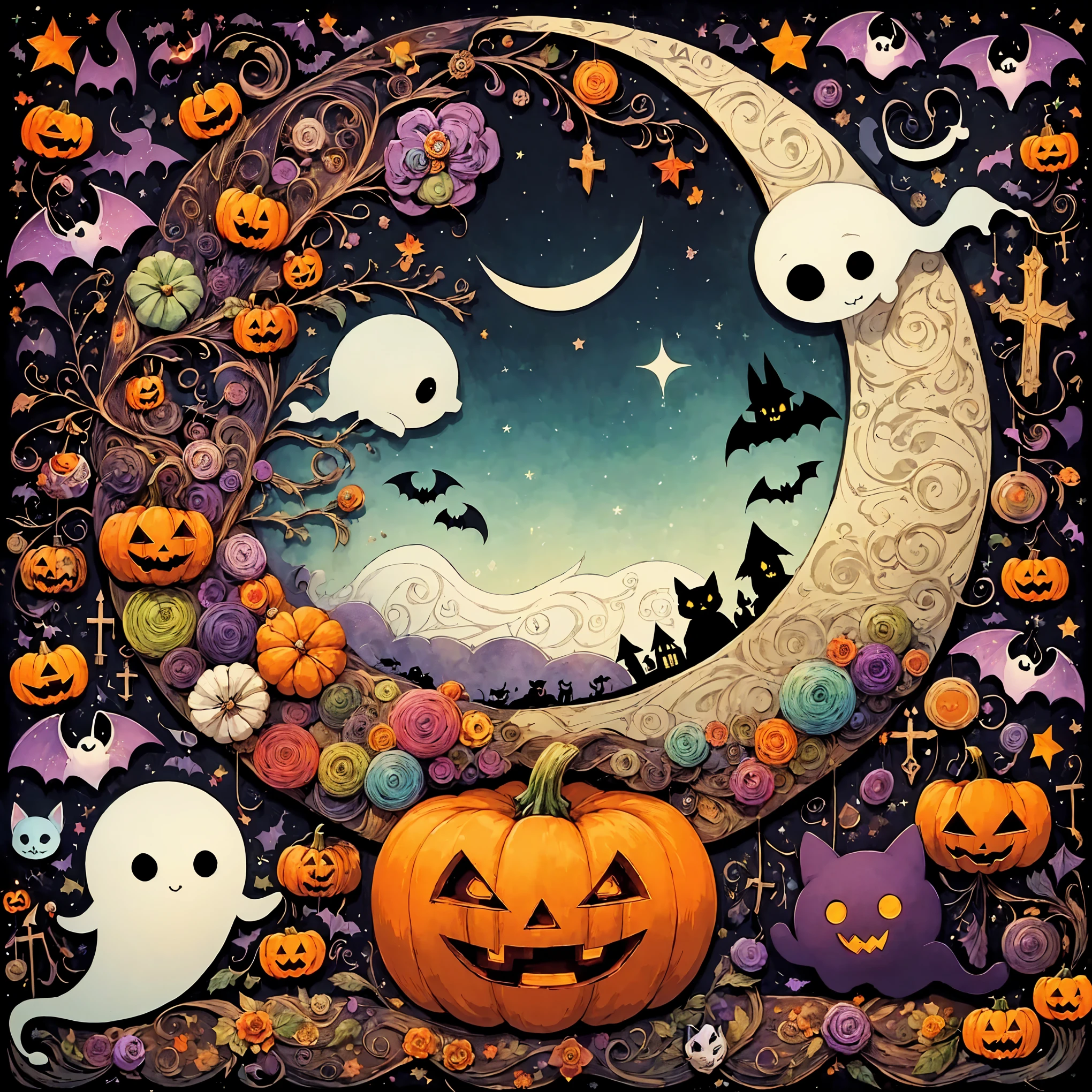 handicraft artwork,patchwork,cloth,button,Felt fabric,Embroidery thread,Handicrafts with a warm and gentle atmosphere,(Halloween: pumpkin, ghost silhouette,Bats,Black Cat,White cat),A dream-like sight,rustic colors,intricate details,artwork,Three-dimensional