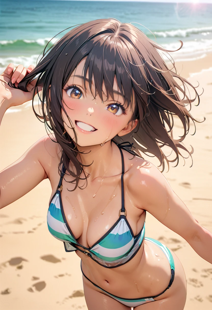 (Highest quality:1.2, Very detailed, Latest, Vibrant, masterpiece:1.2, Highest quality, Best aesthetics), smile, ((Face Up Shot:1.4)), 1980s style, 8K Ultra HD, Background Blur, smile, One Woman, Woman in bikini, Strong sunlight, Seaside, sunny, Summer sunshine, Wet Skin, Sandy Beach, low length, Dynamic Angle