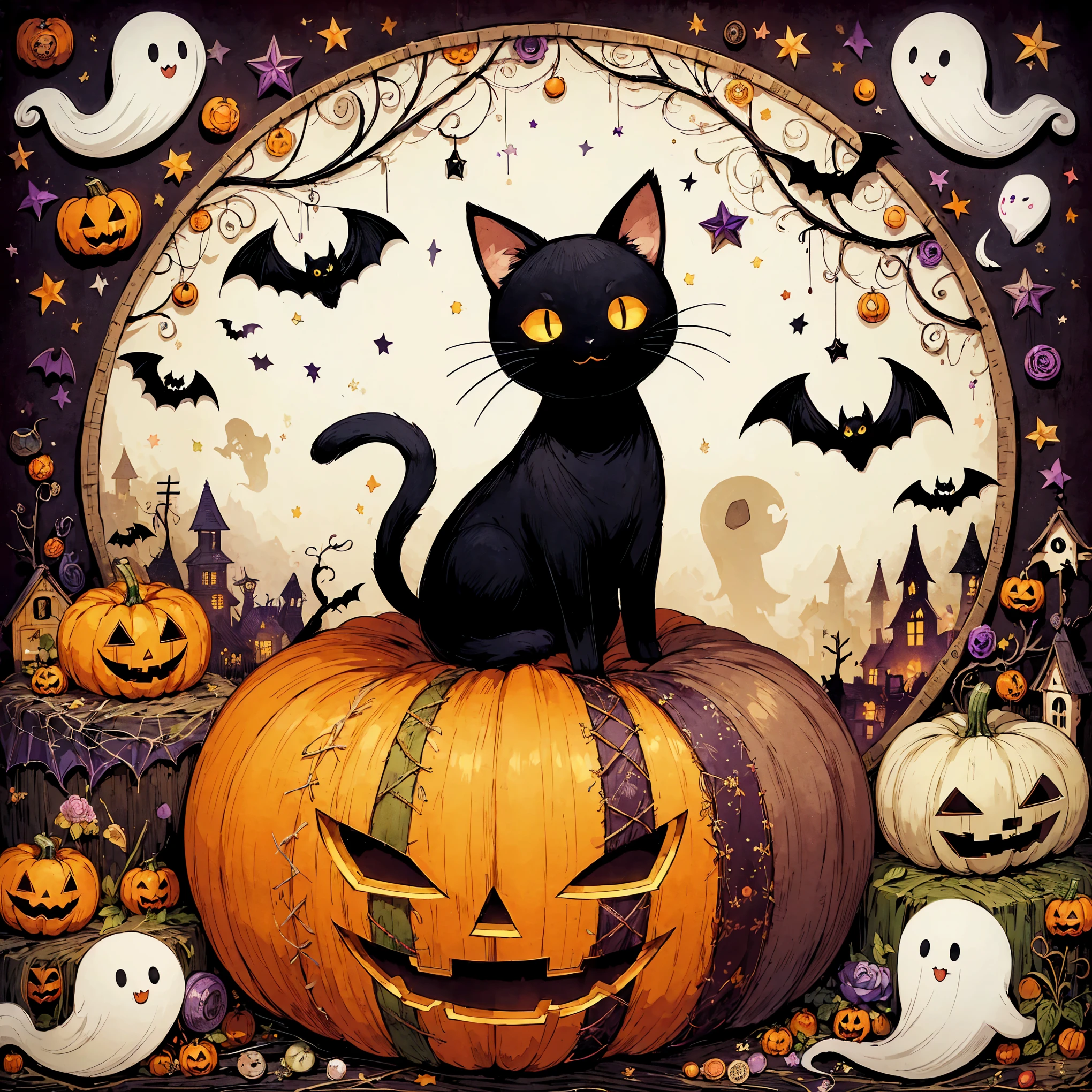 handicraft artwork,patchwork,cloth,button,Felt fabric,Embroidery thread,Handicrafts with a warm and gentle atmosphere,(Halloween: pumpkin, ghost silhouette,Bats,Black Cat,White cat),A dream-like sight,rustic colors,intricate details,artwork,Three-dimensional