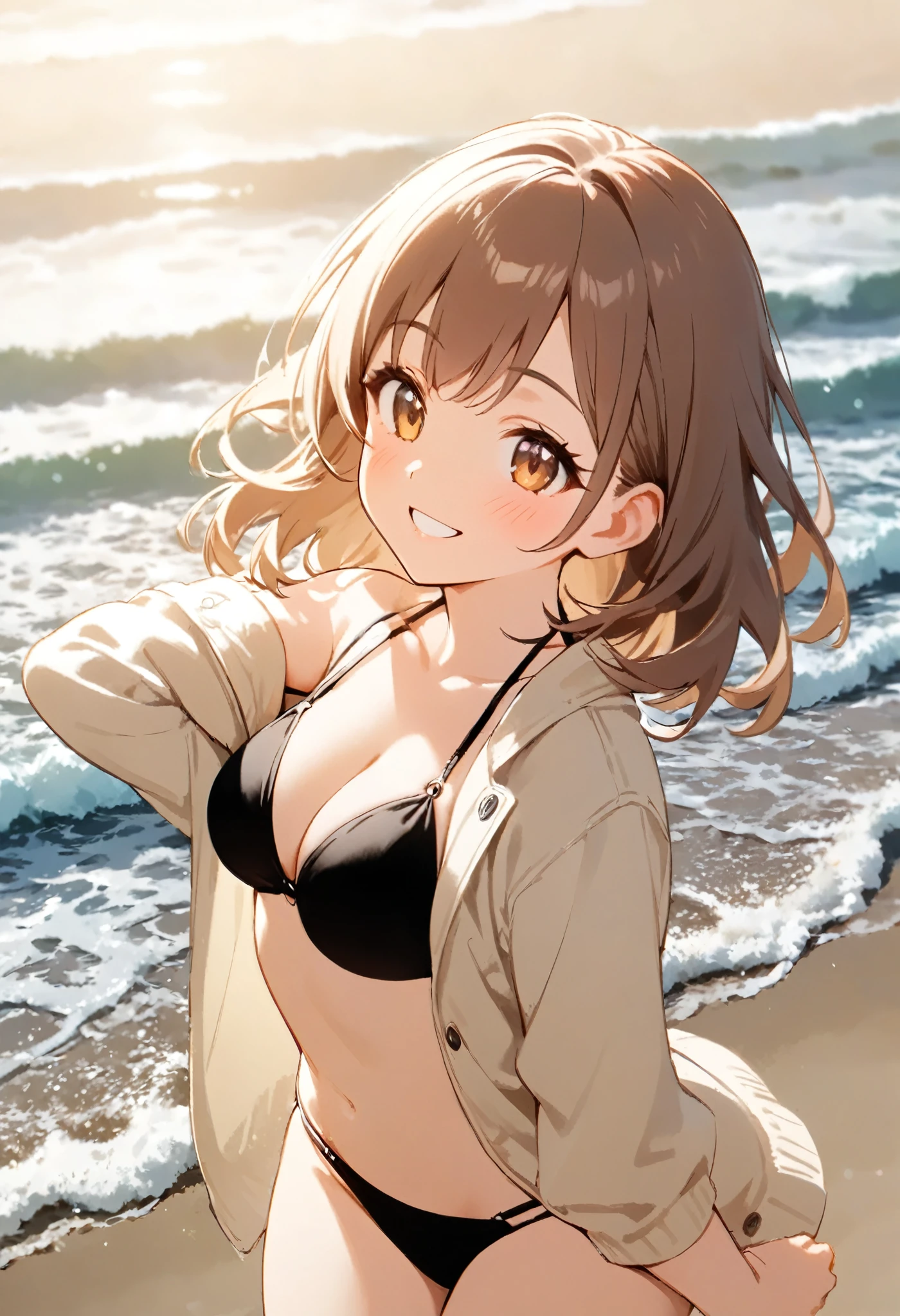 Illustration, Best Quality,  1 girl,   long brown hair,   kind smile,  I'm wearing a light khaki jacket and black bikini, Beach Background,   sparkling effects in the air  ,  bright and cheerful atmosphere ,   soft ocean waves spreading in the distance , Relaxed and cheerful atmosphere  ,  Warm Soft Lights 