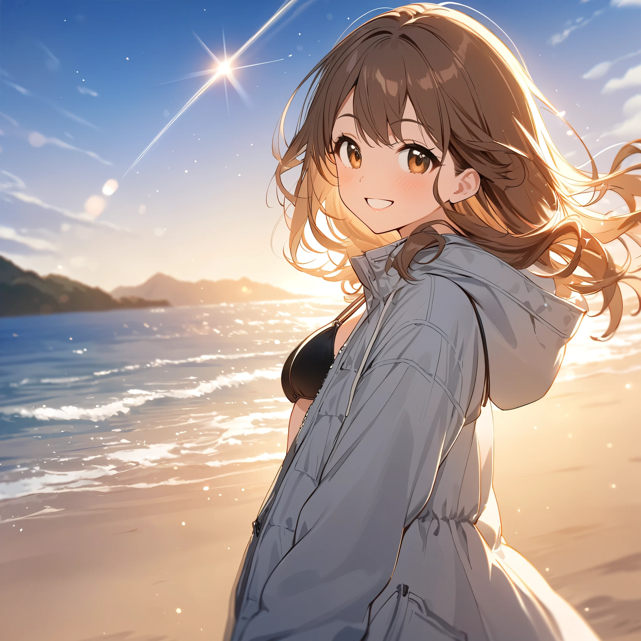 Illustration, Best Quality,  1 girl,   long brown hair,   kind smile,  I'm wearing a flared hem Mountain parka and black bikini, Beach Background,   sparkling effects in the air  ,  bright and cheerful atmosphere ,   soft ocean waves spreading in the distance , Relaxed and cheerful atmosphere  ,  Warm Soft Lights 