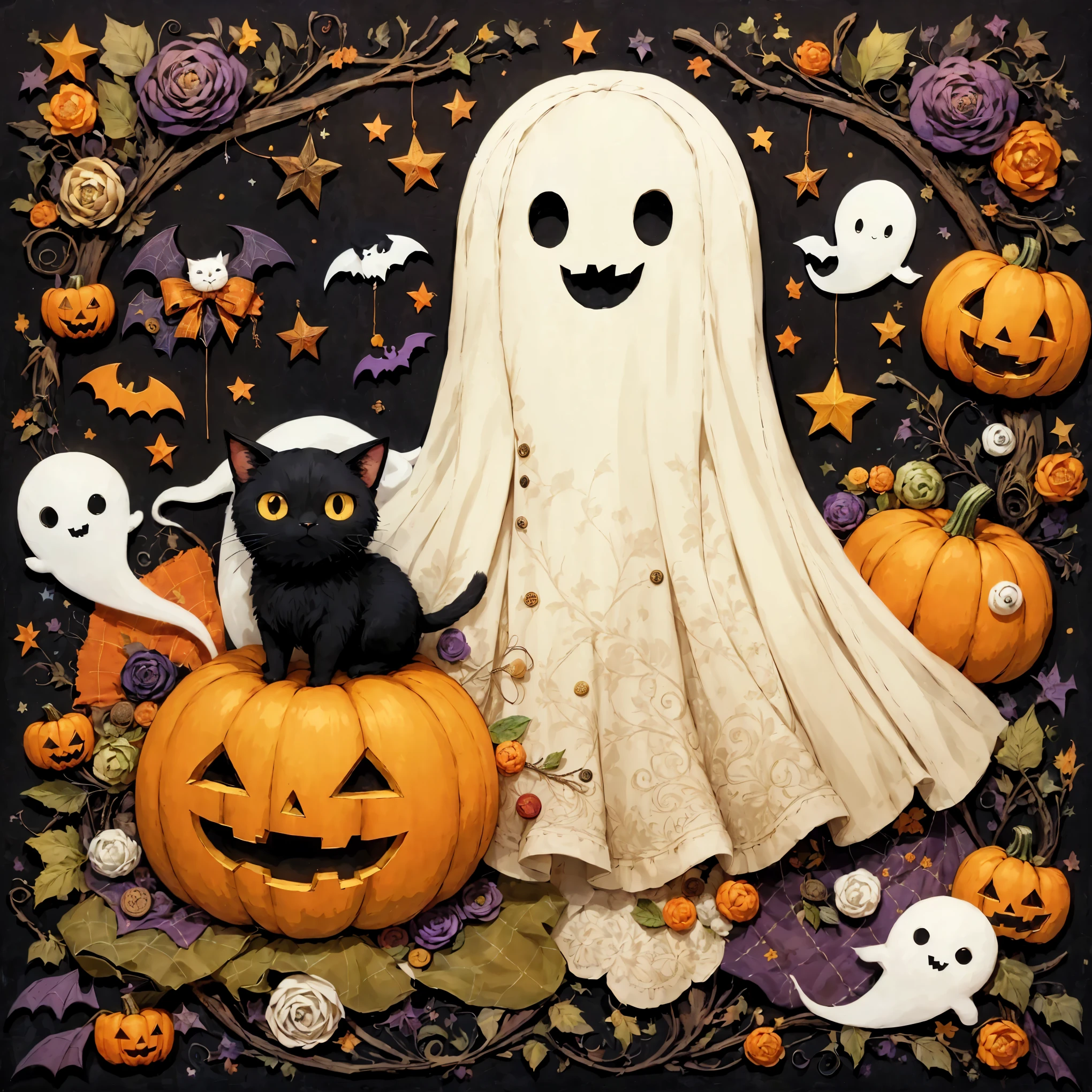 handicraft artwork,patchwork,cloth,button,Felt fabric,Embroidery thread,Handicrafts with a warm and gentle atmosphere,(Halloween: pumpkin, ghost silhouette,Bats,Black Cat,White cat),A dream-like sight,rustic colors,intricate details,artwork,Three-dimensional