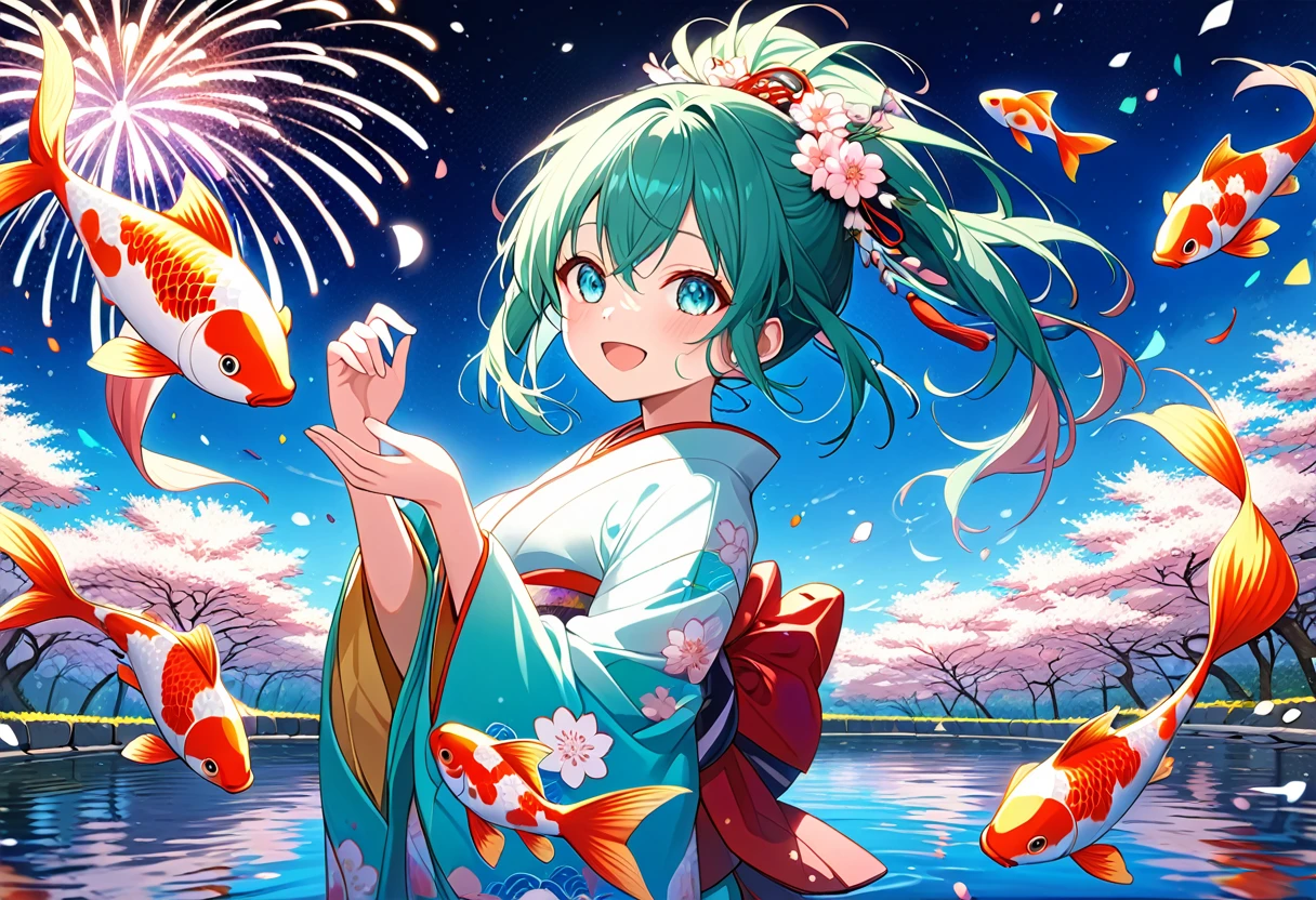 'Hikari, the cheerful and energetic university mascot, leaps joyfully into the air, her vibrant blue-green hair and shimmering aqua eyes sparkling with excitement. Her ornate kimono, adorned with delicate sakura blossoms and playful New Year's motifs, billows around her as she tosses handfuls of iridescent confetti into the dazzling night sky.' 'In the background, a breathtaking display of fireworks erupts, bursting in a magnificent array of colors - crimson red, radiant gold, shimmering silver, and vibrant azure blue. The fireworks' reflections dance across the tranquil surface of a koi pond, creating a mesmerizing tableau of light and movement.' anime, anime style, blush, expressions, anime, Conceptual art, high detail, anime style, UHD, masterpiece, accurate, anatomically correct, textured skin, super detail, high details, high quality, award winning, best quality, highres, 8k, (SuperQuality:1.0) ~ (SuperQuality:1.2), (negative_v2 Color_Balance_Calibration:0.8)