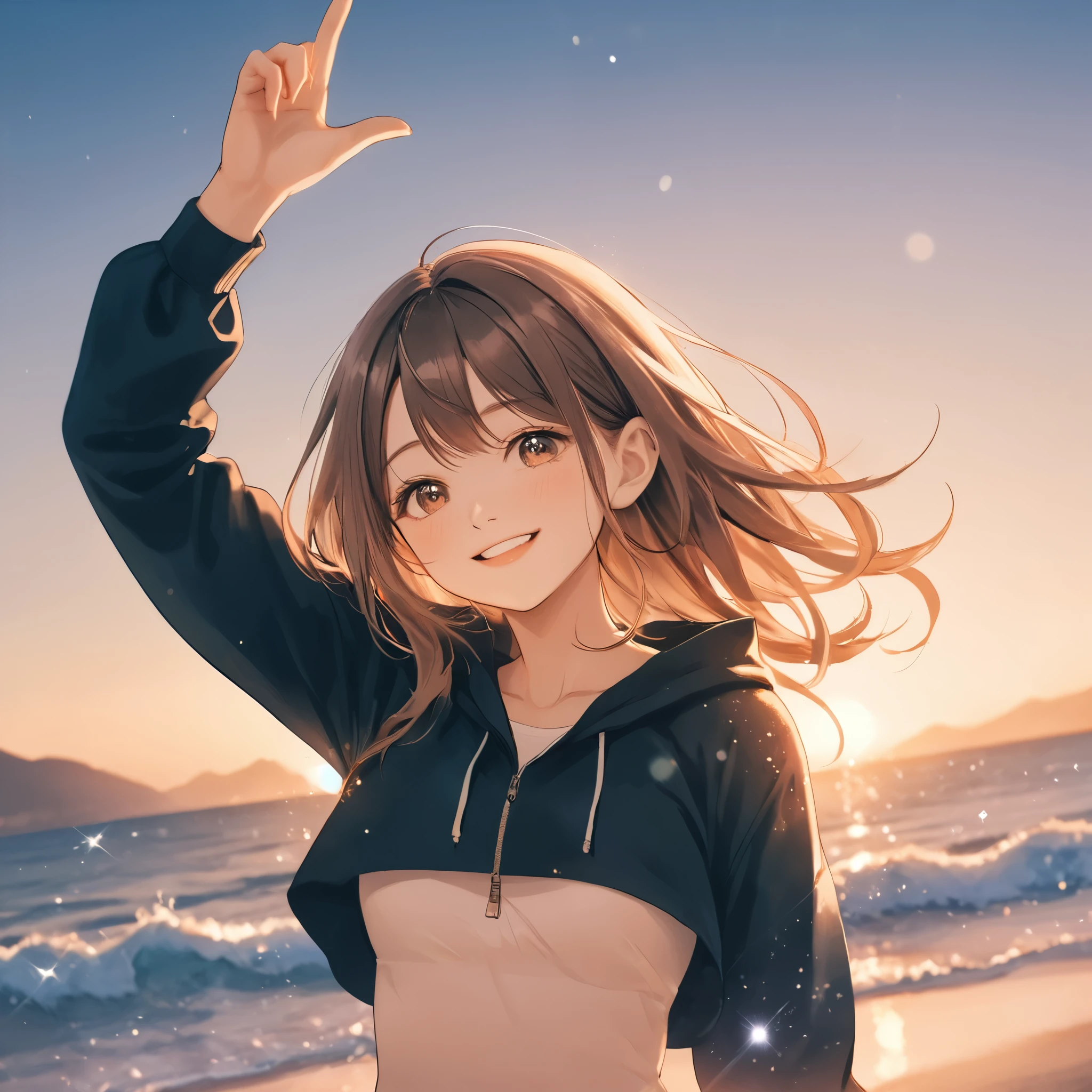 Illustration, Best Quality,  1 girl,   long brown hair,   kind smile,  I'm wearing a flared hem Mountain parka and black bikini, Beach Background,   sparkling effects in the air  ,  bright and cheerful atmosphere ,   soft ocean waves spreading in the distance , Relaxed and cheerful atmosphere  ,  Warm Soft Lights 