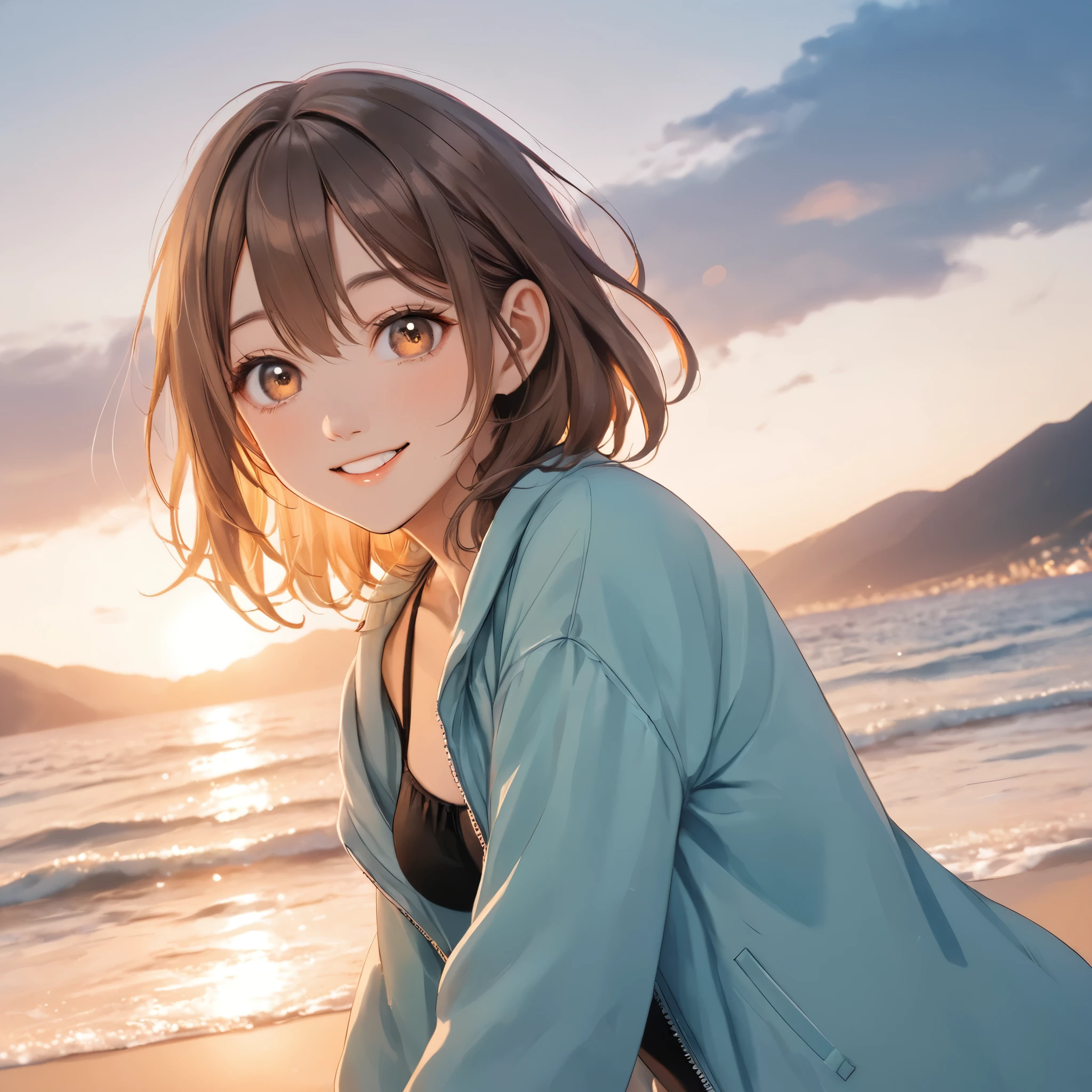 Illustration, Best Quality,  1 girl,   long brown hair,   kind smile,  I'm wearing a flared hem Mountain parka and black bikini, Beach Background,   sparkling effects in the air  ,  bright and cheerful atmosphere ,   soft ocean waves spreading in the distance , Relaxed and cheerful atmosphere  ,  Warm Soft Lights 