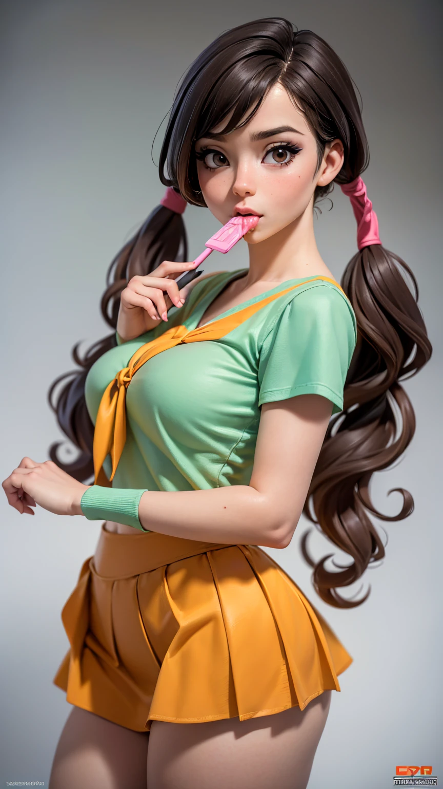 (best quality,4k,highres,masterpiece:1.2),ultra-detailed,(realistic,photorealistic:1.37),woman brunette, hair and pigtails, shirt, school miniskirt,sucking a lollipop,well-endowed,well-proportioned legs,NSFW,incredibly attractive,busty,big ass,big