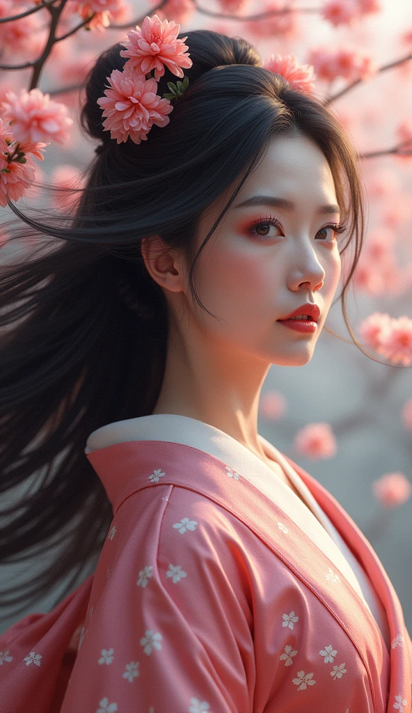 Sensual Geisha 45 years old, long hair in the wind ,  cherry blossoms  