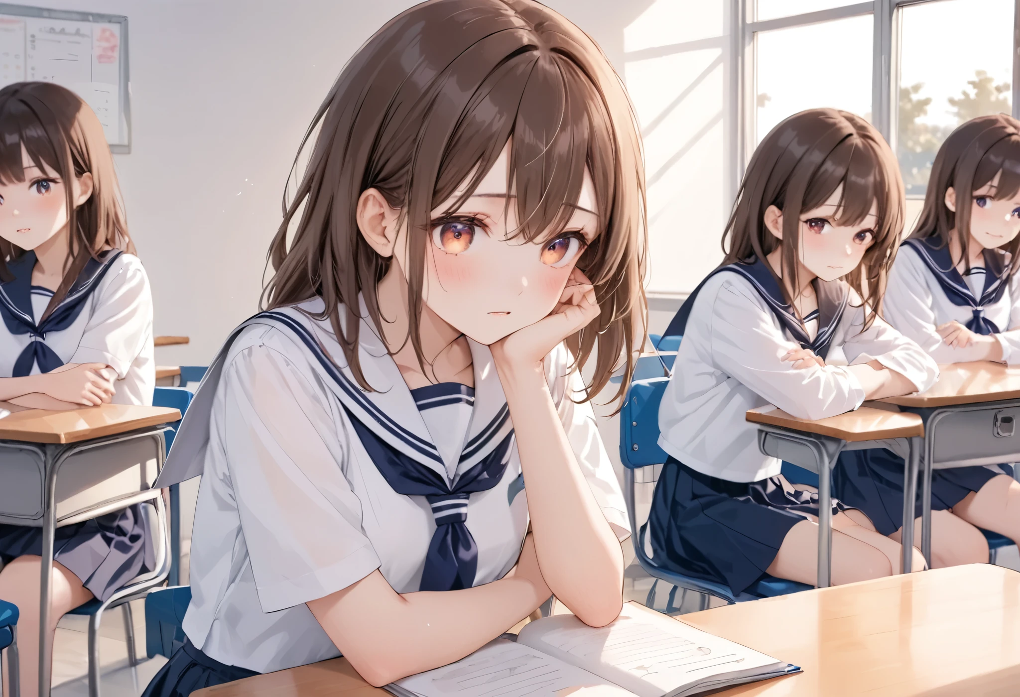 illustration, best quality, 1girl,full body,brown hair, shy expression, blush, looking away, wearing school sailor, high school,class room