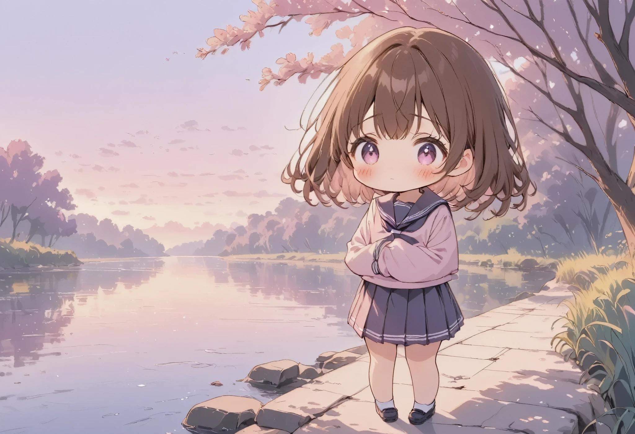 illustration, best quality, pastel,
Low Fidelity (lofi) art style,
pastel pink and purple tones, 1girl,full body,brown hair, shy expression, blush, looking away, wearing school sailor, Along the river