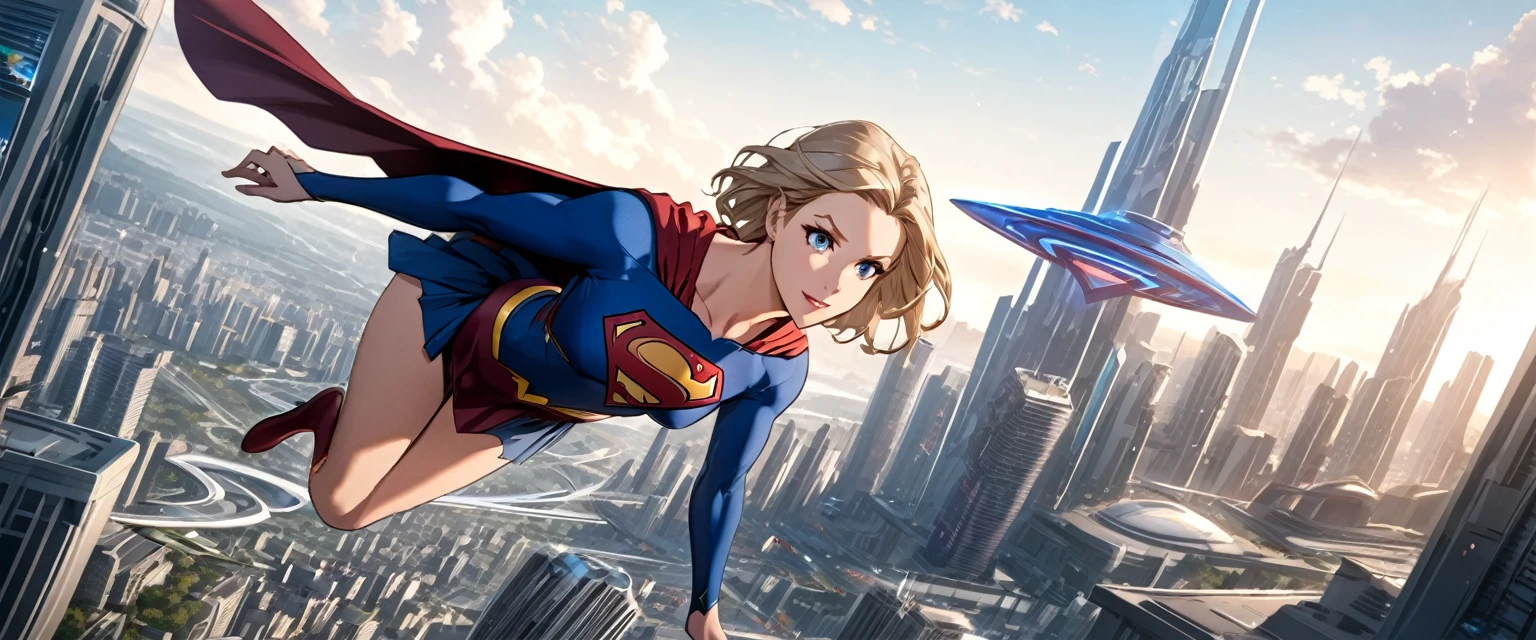 supergirl  flying over a futuristic city skyline