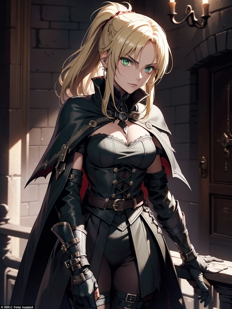 (​masterpiece、top-quality、hight resolution、Unity 8k、extremely details CG:1,Best Picture), full body, modred, (green eyes:1.5), (blonde hair), ponytail, short hair, scrunchie, red scrunchie, hair scrunchie, black gloves, belt, coat, torn clothes, capelet, gauntlets, arms at sides, vambraces, black capelet, tricorn, hunter (bloodborne), A woman standing by the wall of a nightclub. She is lit by dark, colourful lights, reflecting the lively atmosphere of the club. She is leaning casually with one shoulder against the wall, surrounded by soft shadows and neon light. The protagonist asks her if she wants to fuck you, and she says, ‘Okay. Where would you like to fuck?’ The woman responds in a glamorous way. She is a ‘professional slut’ who meets his outrageous demands with impunity.