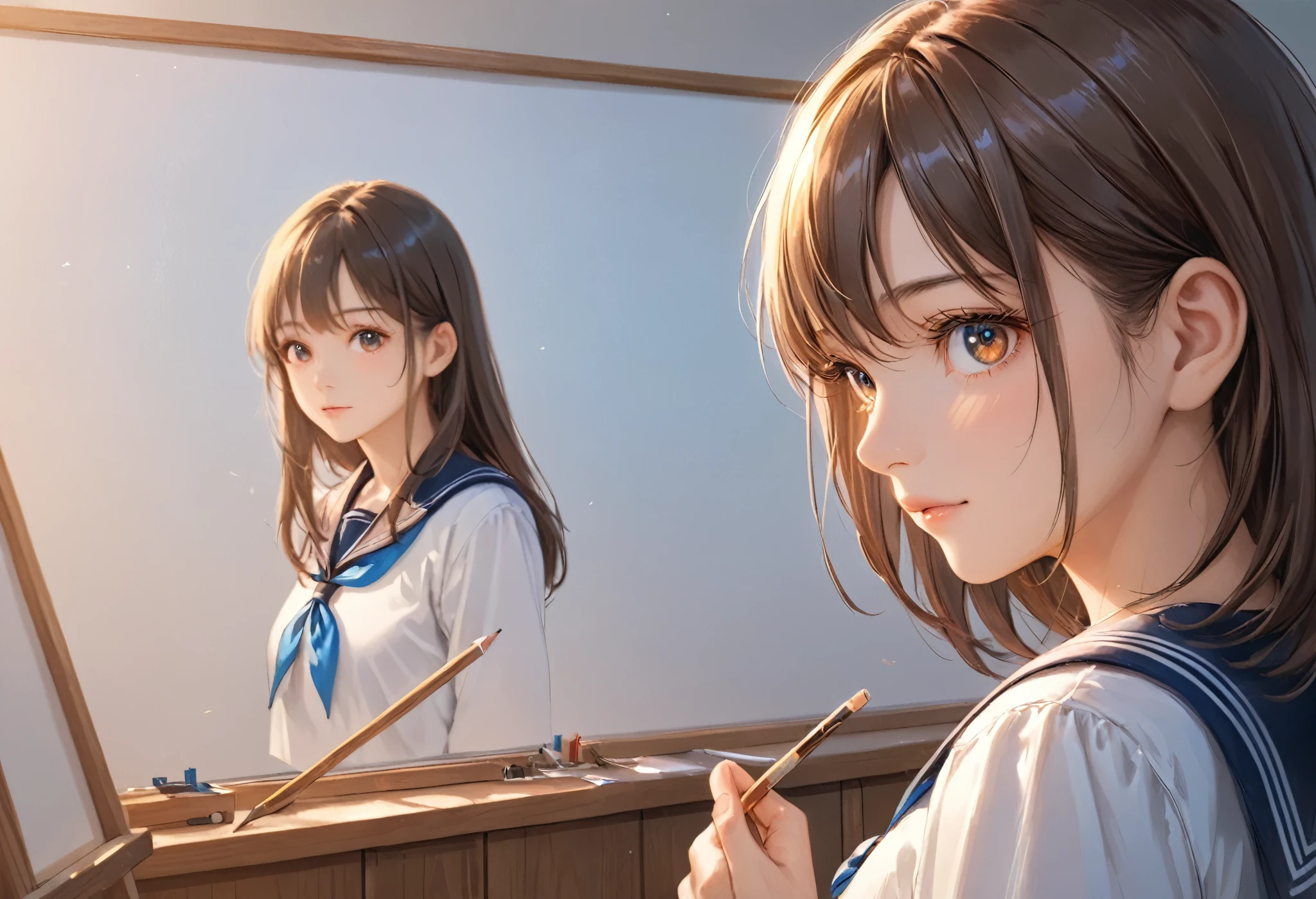 masterpiece, best quality, 8k, highres, ultra-detailed,HDR, UHD, studio lighting, ultra-fine painting ,illustration, best quality, 1girl,upper body,brown hair, looking away, wearing school sailor, high school,class room
