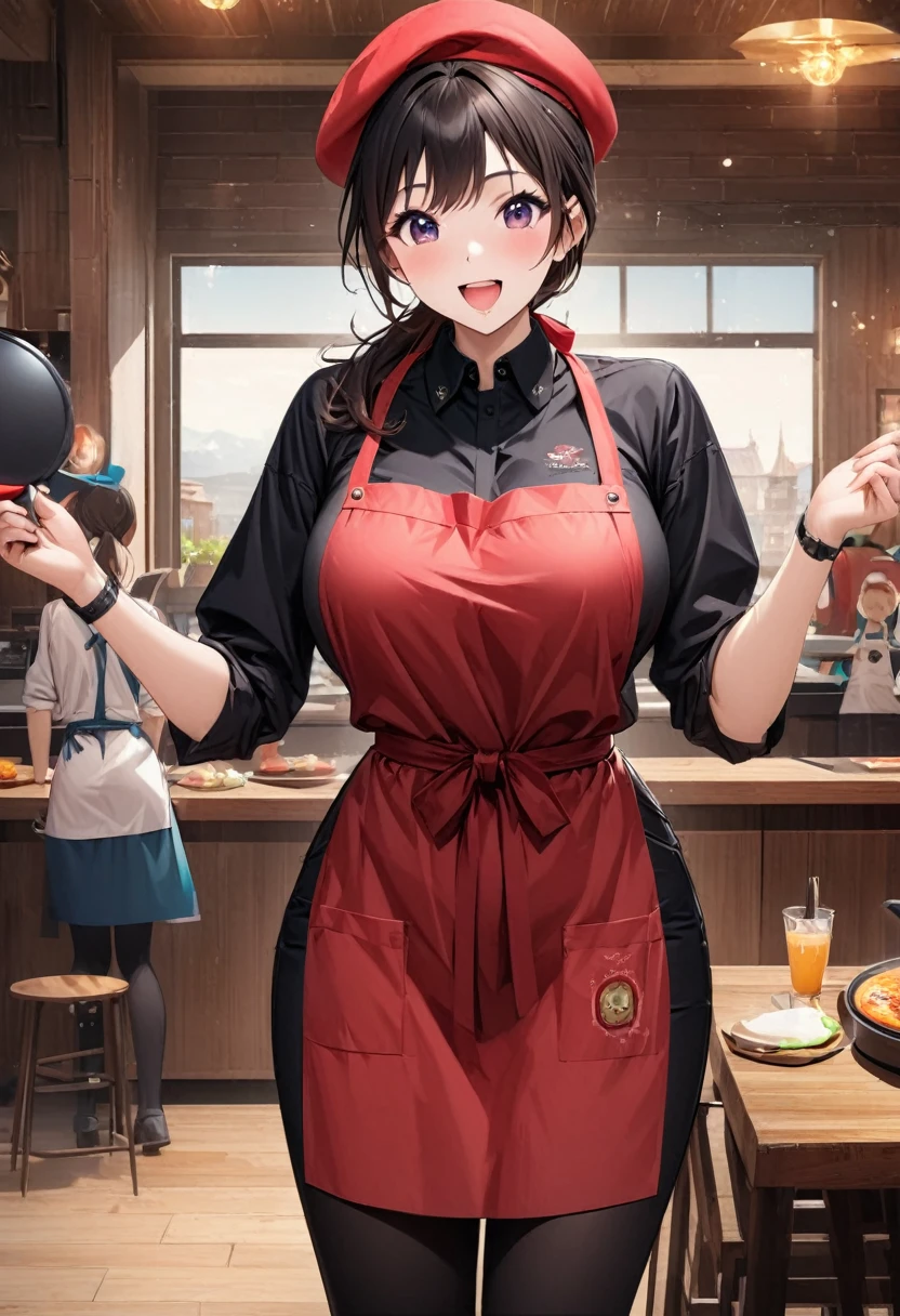 Beautiful girl 、Age 30、Best Quality、Ultra-precision、Detailed drawing、Restaurant chef、Frying pan、shirt、tie、apron、Beret、Sharpness、 ponytail、Vivid colors、upright posture、front、 looking at the camera、A very ecstatic expression、Slender figure、Accurate depiction、 CG illustration、Beautiful big boobs、
