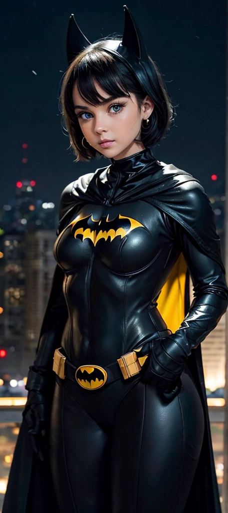  hot cute small girl girl, short wavy curvy short balck hair,  short hair visible behind head, curvy black hair, blue eyes, blue eyes,  curvy slim thick body, hot body, , eyelashes, earrings, wearing full body yellow and black batmansuit, wearing black batman suit, batman symbol, wearing batman black body suit, cape, utility belt, batgirl, fully dressed body suit for batman, cape, thick slim thick body, hair behind head, curvious body, kitsune mask, kistune helmet, bat helmet