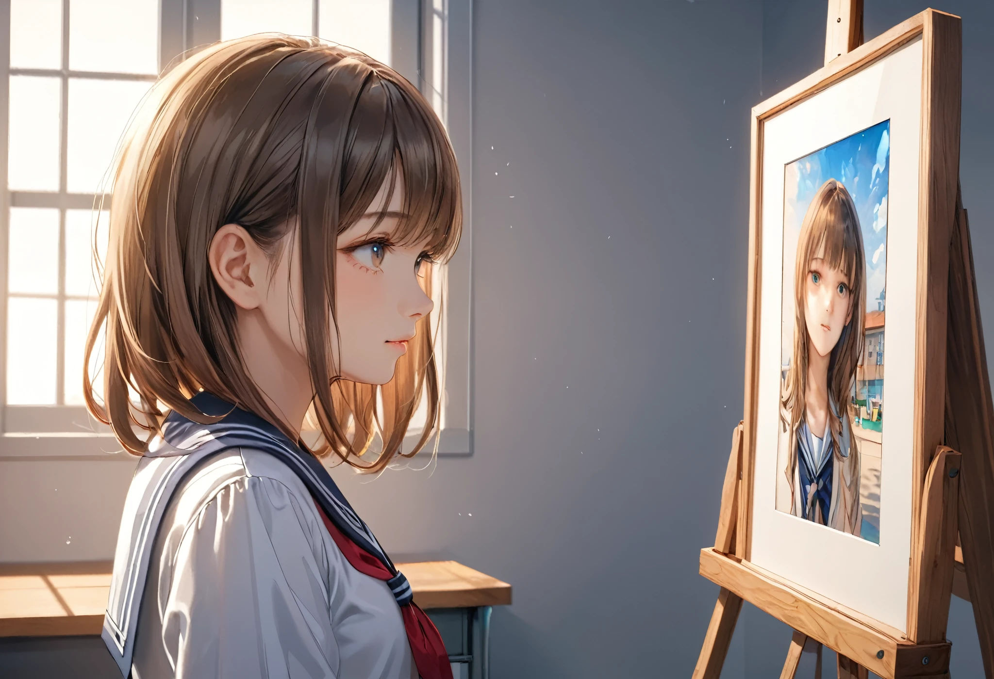 masterpiece, best quality, 8k, highres, ultra-detailed,HDR, UHD, studio lighting, ultra-fine painting ,illustration, best quality, 1girl,upper body,brown hair, looking away, wearing school sailor, high school,class room
