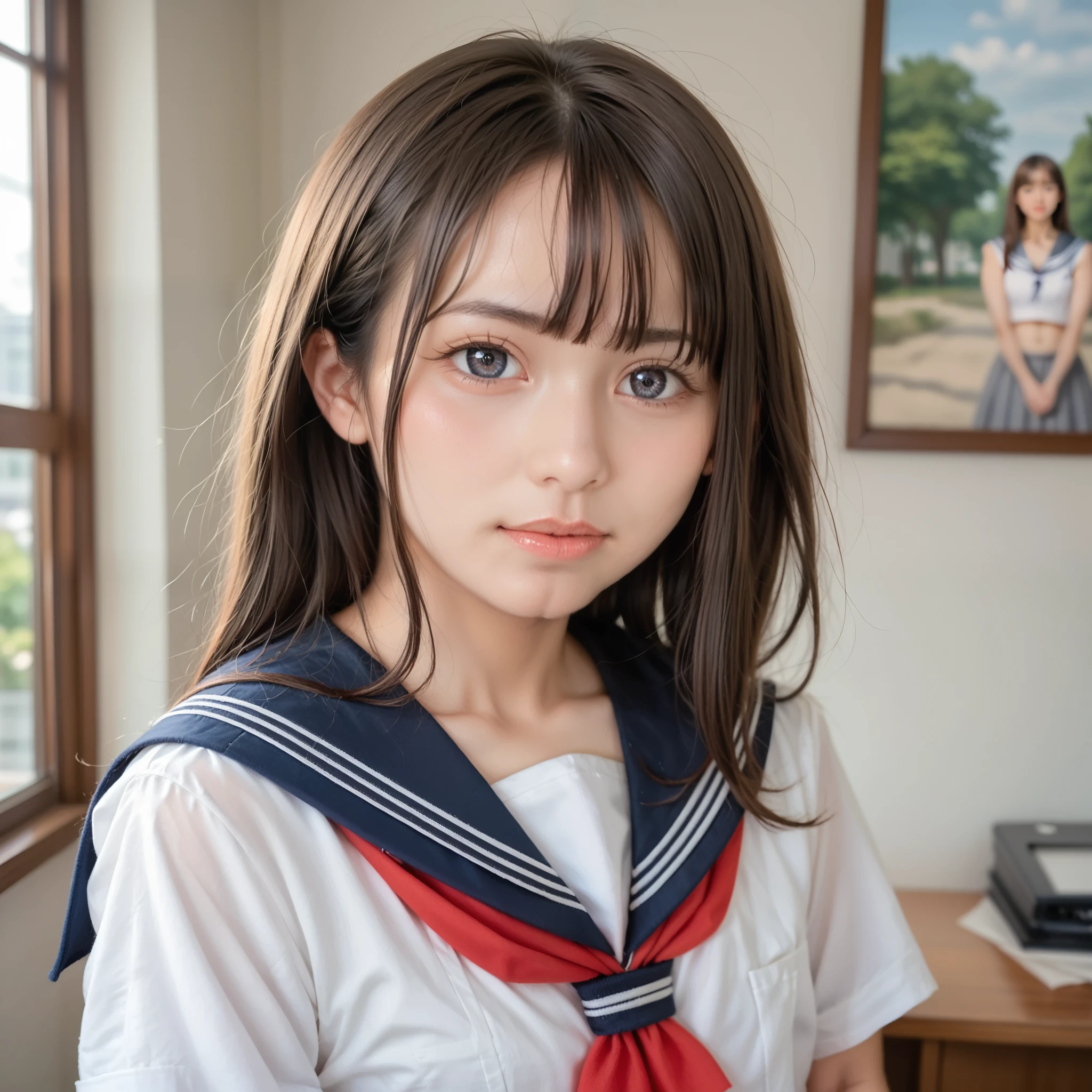 masterpiece, best quality, 8k, highres, ultra-detailed, (realistic:1.37), (photorealistic:1.37), HDR, UHD, studio lighting, ultra-fine painting, sharp focus, physically-based rendering, extreme detail description, professional, BREAK, best quality, cure Japanese Gal,,150cm, キャバ嬢,upper body, looking at viewer, wearing school sailor ,Roll up your top,expose bra, high school,class room