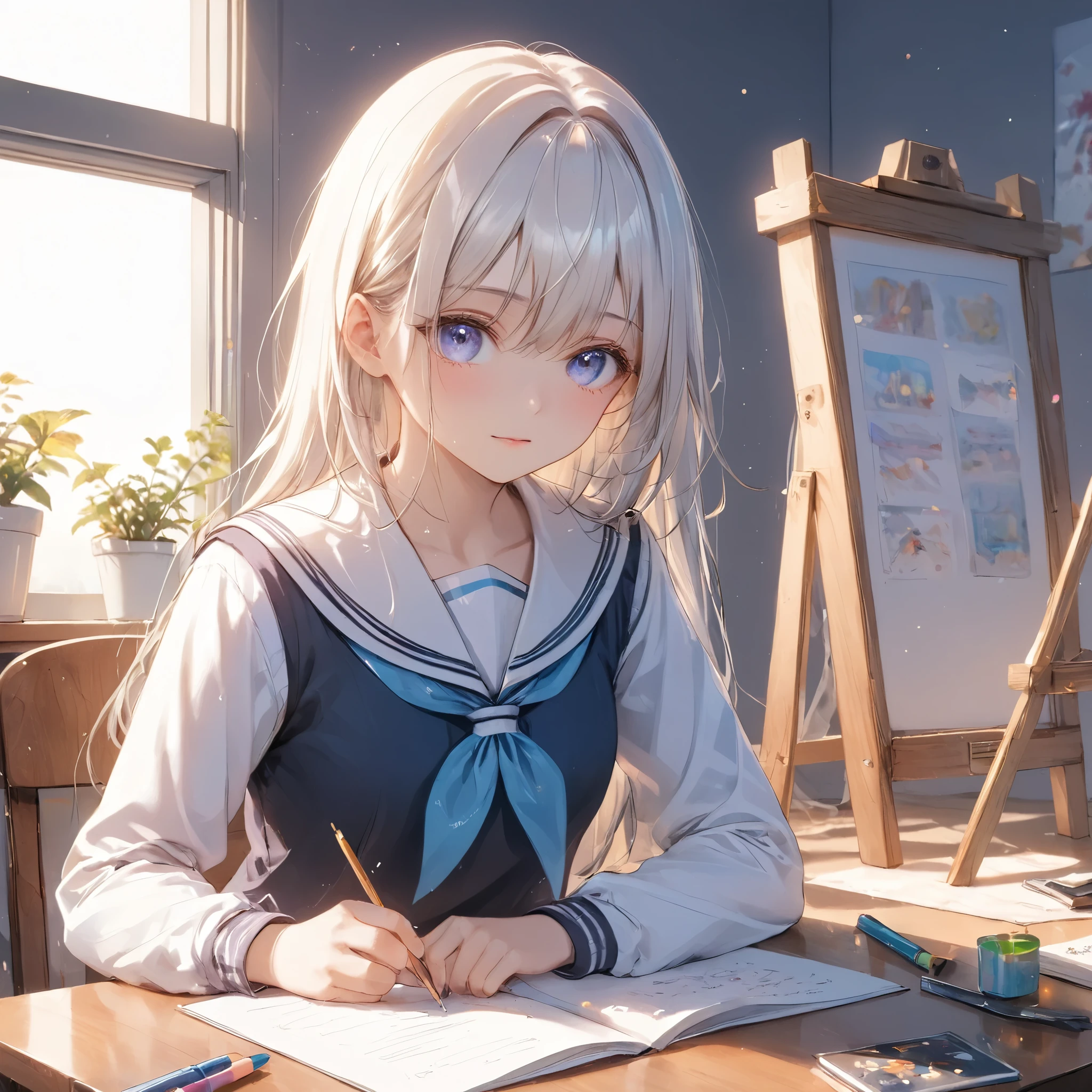 masterpiece, best quality, 8k, highres, ultra-detailed,HDR, UHD, studio lighting, ultra-fine painting, sharp focus, physically-based rendering, extreme detail description, professional, vivid colors,BREAK,1girl,japanese gal, comb over hair,(eyes:0.2),((full body)), looking away, wearing school sailor ,high school,class room