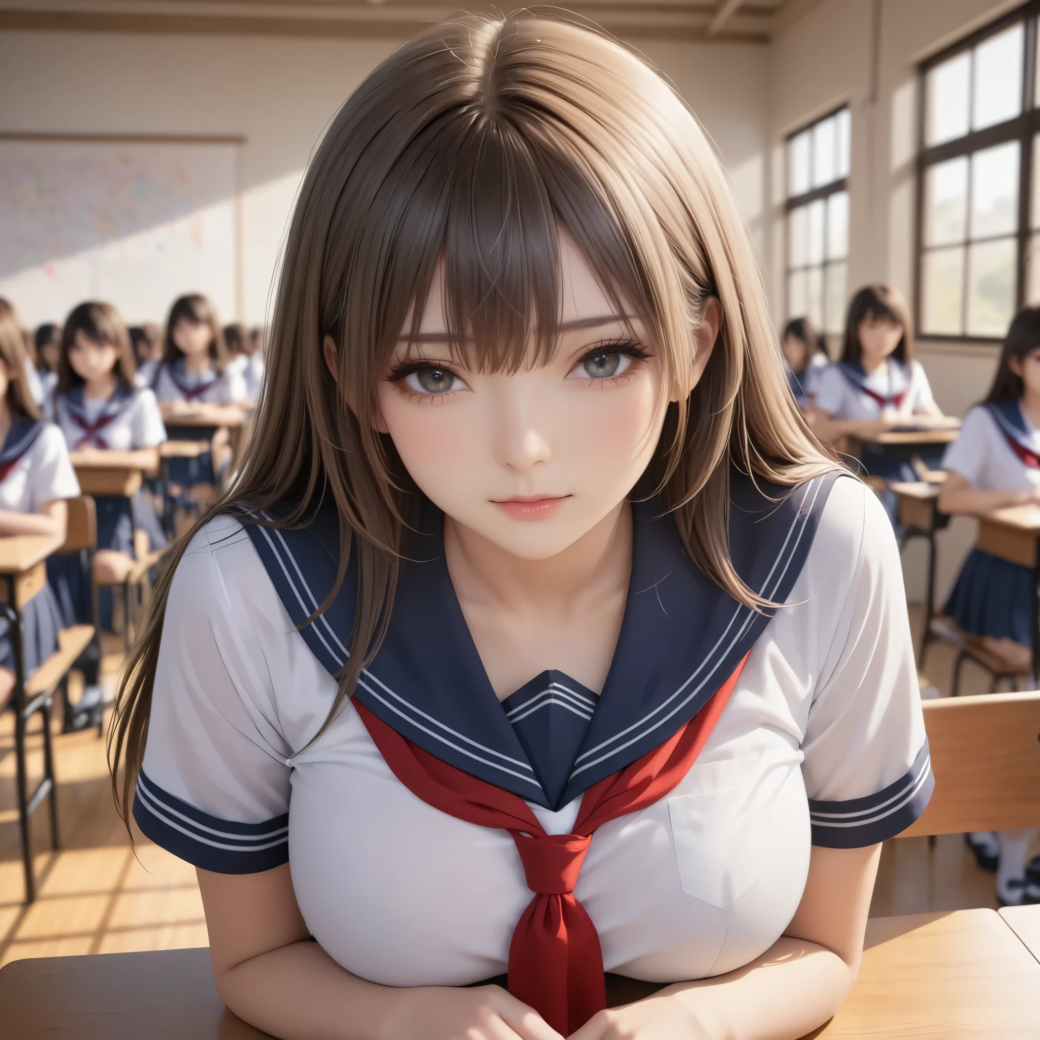 masterpiece, best quality, 8k, highres, ultra-detailed, (realistic:1.37), (photorealistic:1.37), HDR, UHD, studio lighting, sharp focus, physically-based rendering, extreme detail description, professional, BREAK, best quality, Japanese Gal,1girl,full body, large breasts,See-through bang , gradation color,straight hair,lookat viewer, wearing school sailor, red scarf,high school,class room
