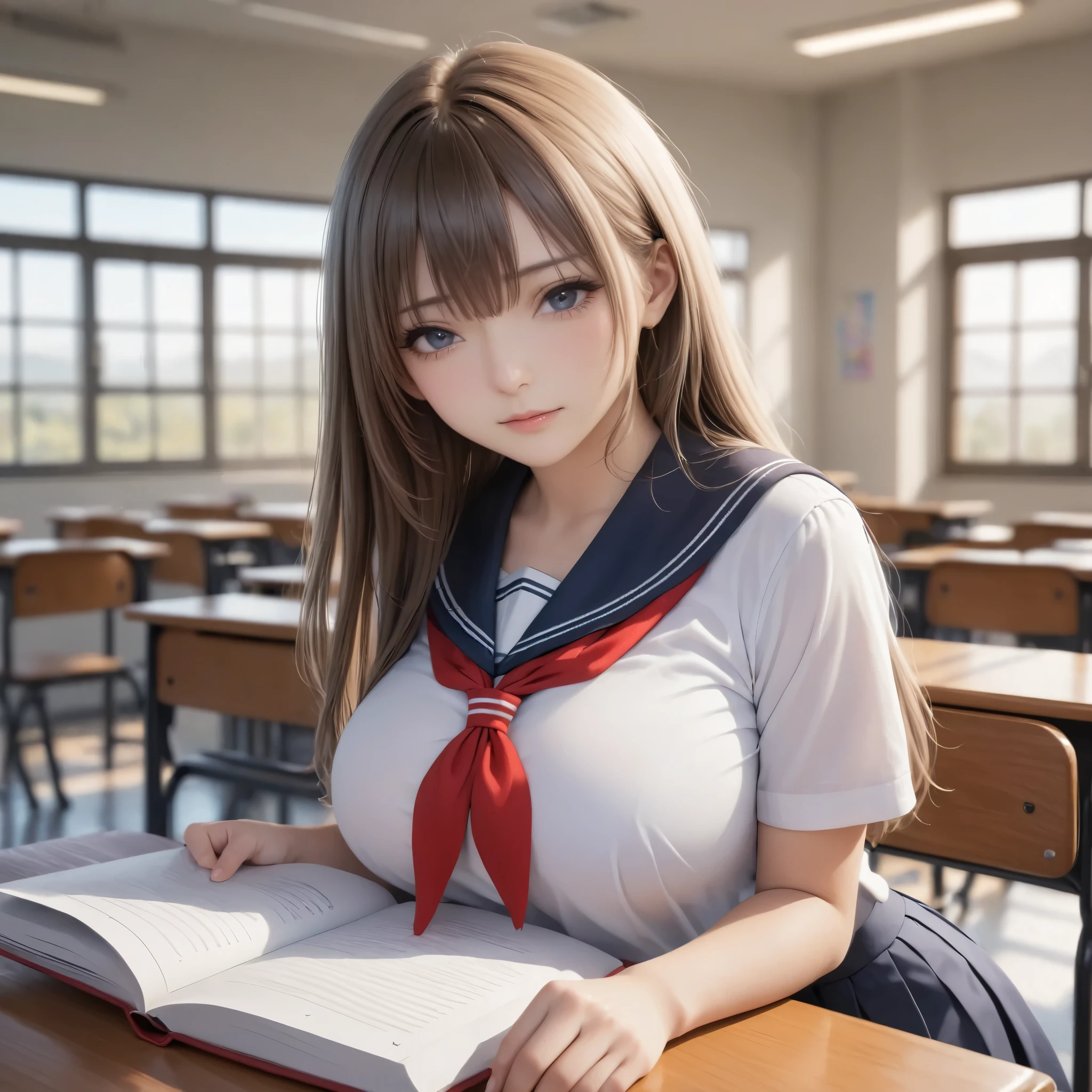 masterpiece, best quality, 8k, highres, ultra-detailed, (realistic:1.37), (photorealistic:1.37), HDR, UHD, studio lighting, sharp focus, physically-based rendering, extreme detail description, professional, BREAK, best quality, Japanese Gal,1girl,full body, large breasts,See-through bang , gradation color,straight hair,lookat viewer, wearing school sailor, red scarf,high school,class room
