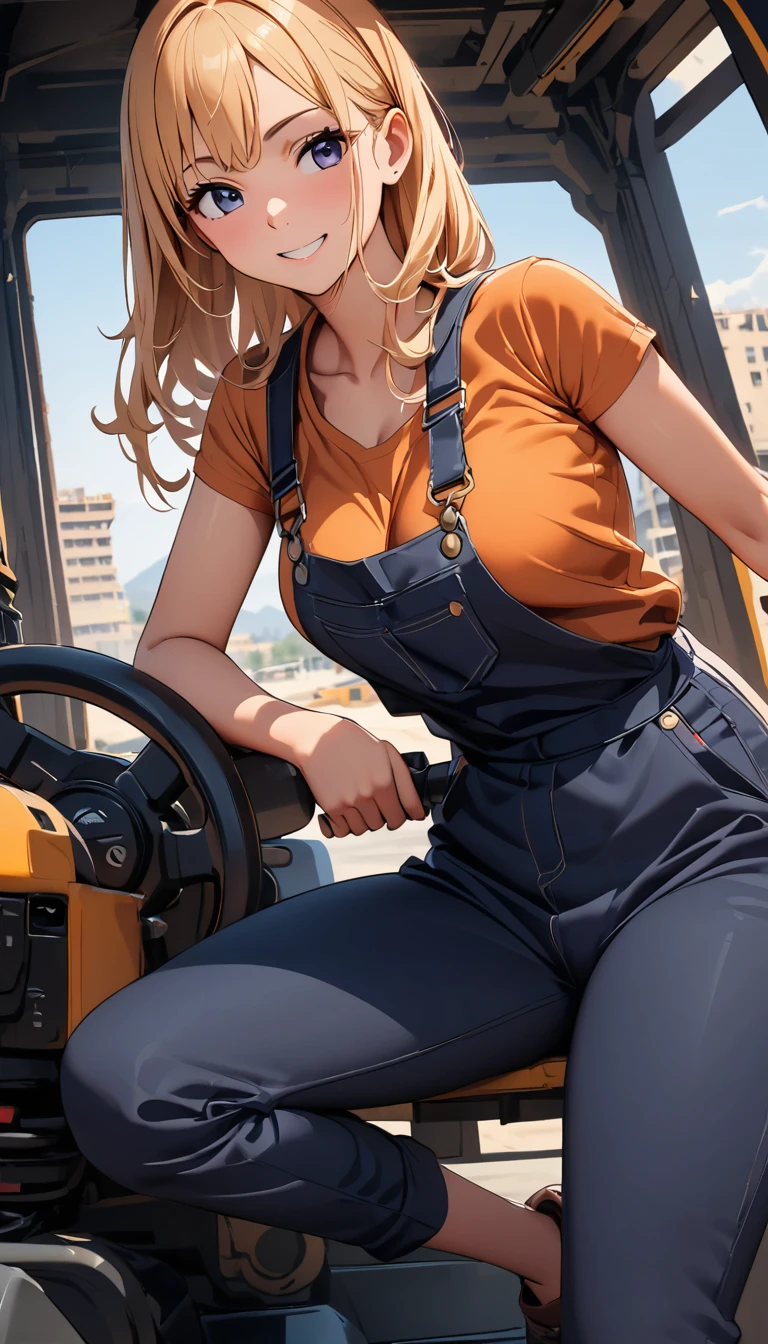 (Best Picture Quality:1.2, Fine, Latest, Vivid, Ultra High Resolution, High Contrast, Masterpiece:1.2, Top Quality, Best Aesthetics), beautiful female mechanic, sexy, work clothes, overalls, best body lines, fine beautiful eyes, professional and confident smile, fine facial features, elegant hairstyle, power tools, fine machinery, building construction site, riding in the cockpit of a large excavator, precision work, adorable,Sexy Pose