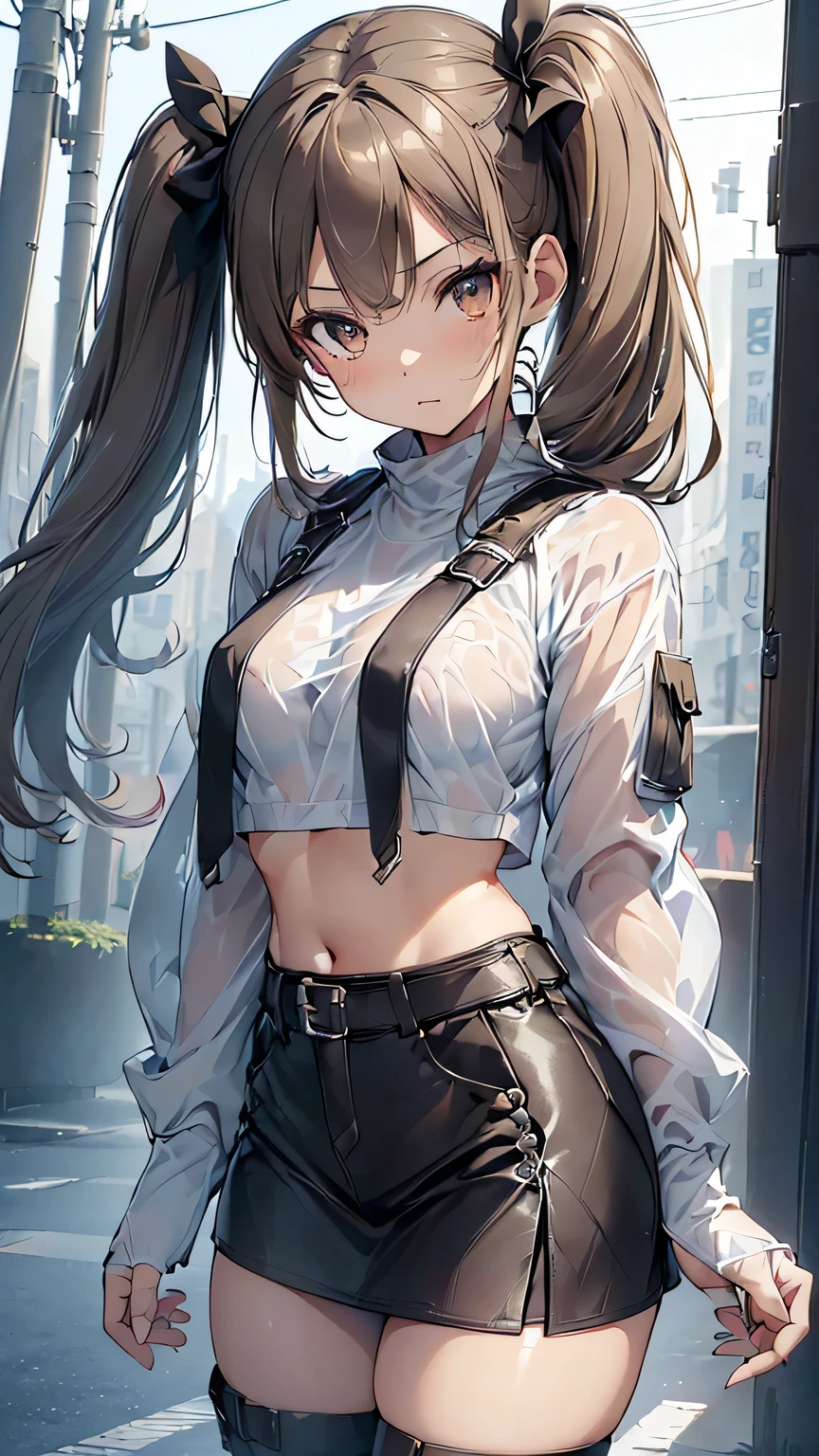 (((masterpiece))), ((( high definition))), ((( perfect face)))、((( Japan Beauty )))、(( top quality i )), detailed texture, (( high definitionの顔)), ( best quality、Unity 8k,16k, wallpaper、masterpiece、Super detailed、超 high definition、(Realistic)、( Highly Detailed Backgrounds), ((Detailed drawing))、Photoreal 1.2, exquisite, insanely detailed), ((4 fingers on 1 thumb , Perfect human hand, perfect two legs:1.2)), very detailed facial and skin textures, ((Detailed eyes)), Detailed lips, highly detailed depiction of hair , ((), twin tails, Light Brown Hair, Brown eyes, fitted long sleeve crop top, riders jacket, (Partially see-through ), tight miniskirt bending forward, boots, The basic color of clothing is silver)), ((highway)), ((cowboy shot))