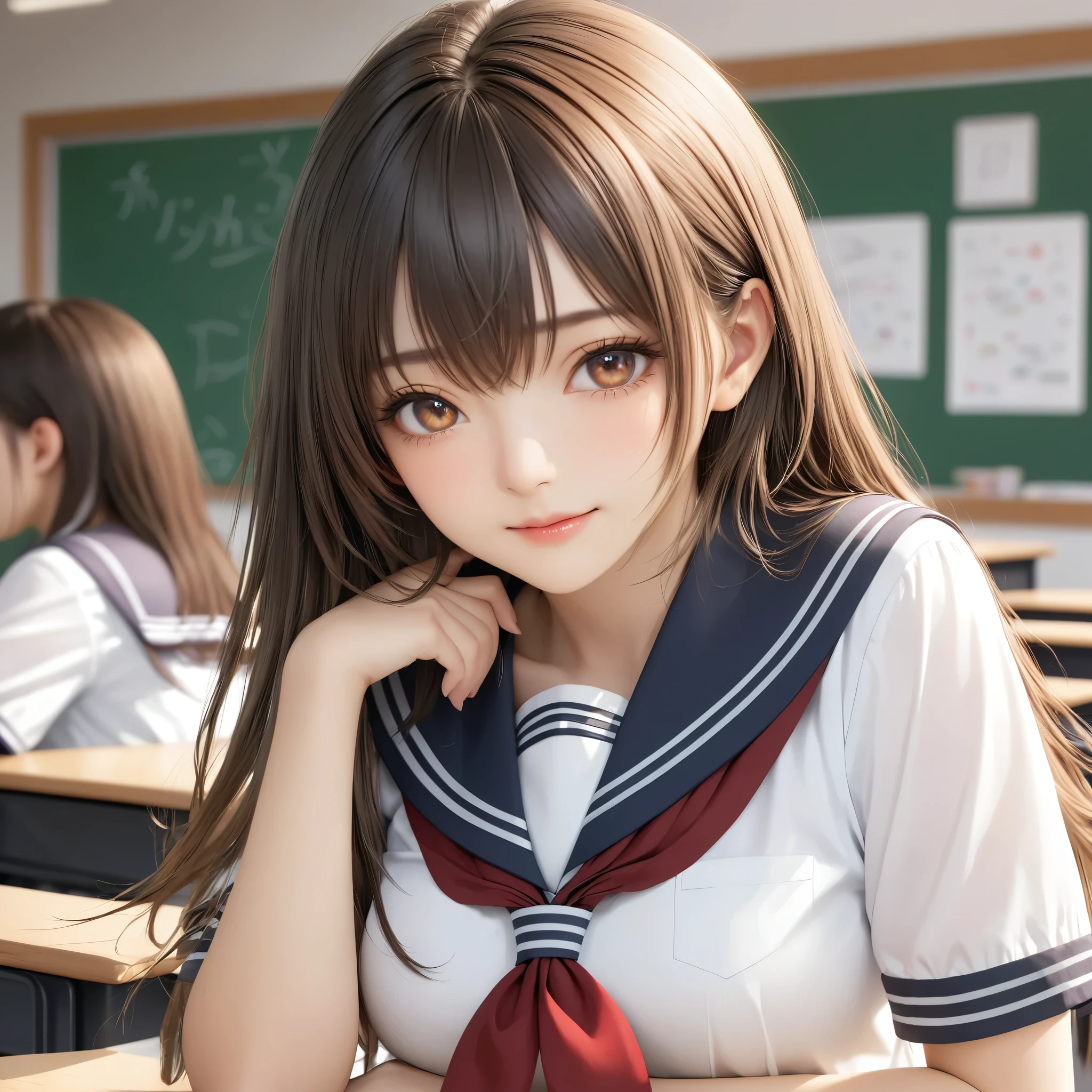 masterpiece, best quality, 8k, highres, ultra-detailed, (realistic:1.37), (photorealistic:1.37), HDR, UHD, studio lighting, sharp focus, physically-based rendering, extreme detail description, professional, BREAK, best quality, Japanese girl,upper body, large breasts,See-through bang , gradation color,straight hair,lookat viewer, wearing school sailor, red scarf,high school,class room
