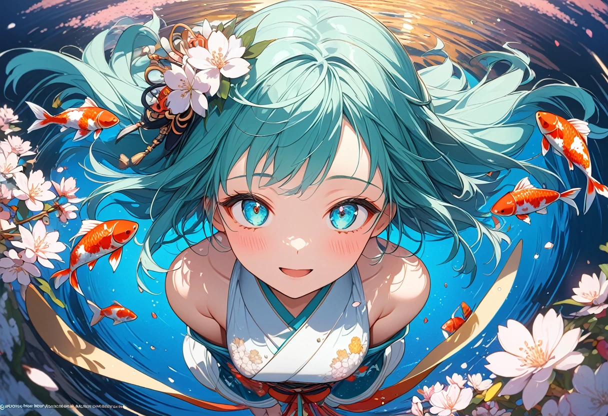 'Hikari, the cheerful and energetic university mascot, leaps joyfully into the air, her vibrant blue-green hair and shimmering aqua eyes sparkling with excitement. Her ornate kimono, adorned with delicate sakura blossoms and playful New Year's motifs, billows around her as she tosses handfuls of iridescent confetti into the dazzling night sky.' 'In the background, a breathtaking display of fireworks erupts, bursting in a magnificent array of colors - crimson red, radiant gold, shimmering silver, and vibrant azure blue. The fireworks' reflections dance across the tranquil surface of a koi pond, creating a mesmerizing tableau of light and movement.' anime, anime style, blush, expressions, anime, Conceptual art, high detail, anime style, UHD, masterpiece, accurate, anatomically correct, textured skin, super detail, high details, high quality, award winning, best quality, highres, 8k, (SuperQuality:1.0) ~ (SuperQuality:1.2), (negative_v2 Color_Balance_Calibration:0.8), from above, fish eye perspectife