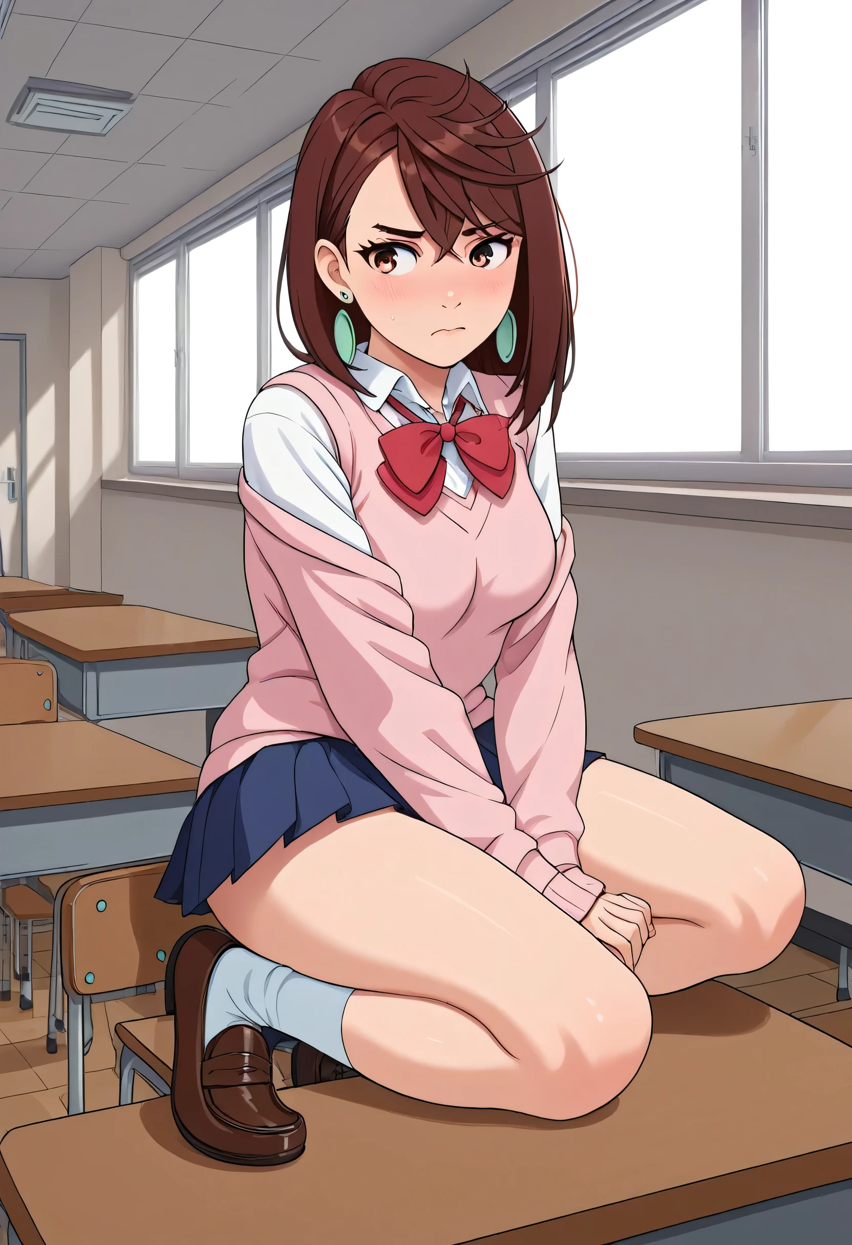 ayase_wz, medium hair, brown hair, brown eyes, medium breasts, posing embarrassed, green earrings, red face, medium breasts, detailed background, indoor, school, skirt, school uniform, pleated skirt, shoes, socks, loafers, sweater vest, pink sweater, shirt, white shirt, collared shirt, earrings, green earrings, SCHOOL, classroom, classroom