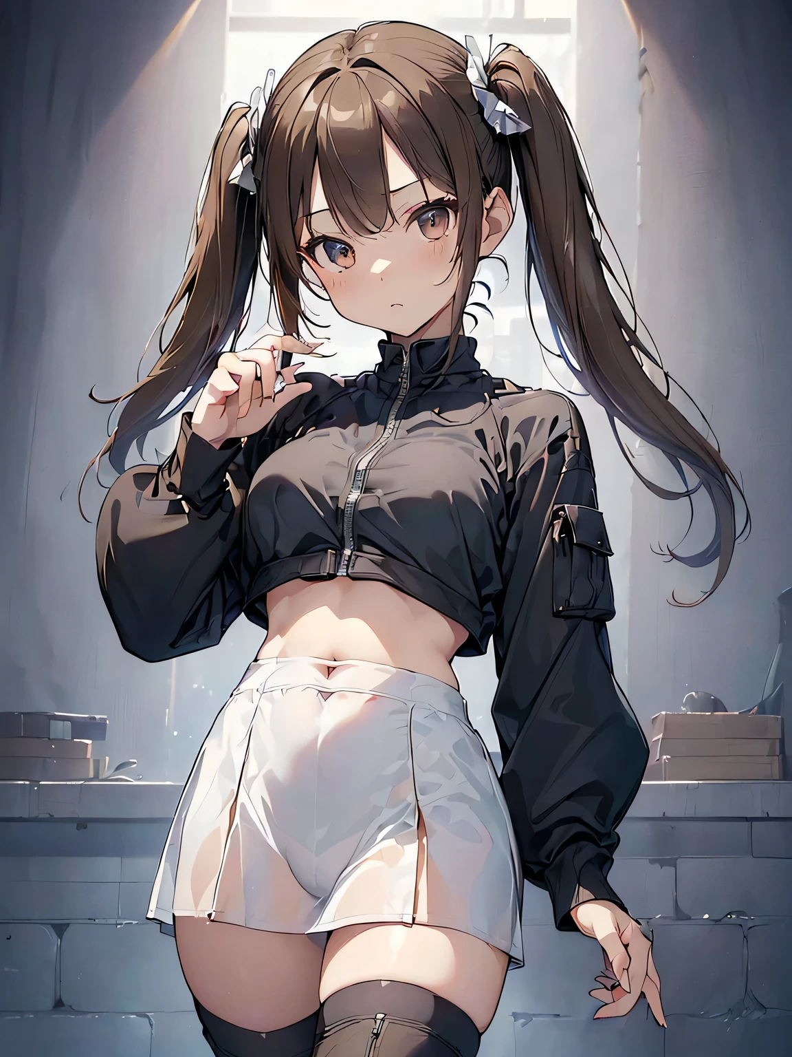 (((masterpiece))), ((( high definition))), ((( perfect face)))、((( Japan Beauty )))、((  top quality i )),  detailed texture, (( high definitionの顔)), ( best quality、Unity 8k,16k, wallpaper、masterpiece、Super detailed、超 high definition、(Realistic)、( Highly Detailed Backgrounds), ((Detailed drawing))、Photoreal 1.2, exquisite, insanely detailed), ((4 fingers on 1 thumb , Perfect human hand,  perfect two legs:1.2)),  very detailed facial and skin textures, ((Detailed eyes)), Detailed lips,  highly detailed depiction of hair , ((),  twin tails, Light Brown Hair, Brown eyes, fitted long sleeve crop top,  riders jacket, (Partially see-through ),  tight miniskirt bending forward,  boots, The basic color of clothing is silver)), ((highway)), ((cowboy shot))