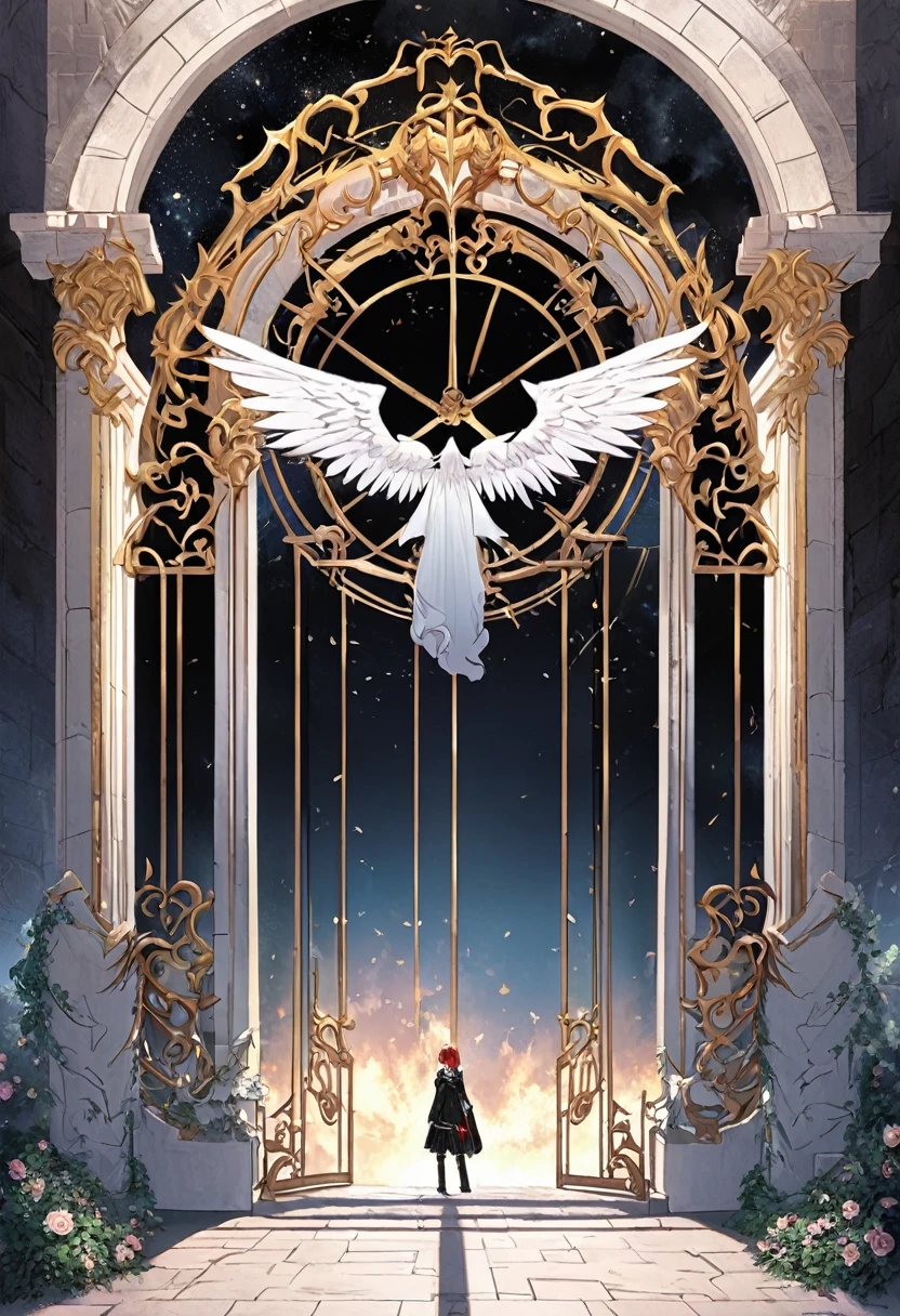  The door on the left is Angel's Gate, Heaven's Gate, Devil's Gate, Hell Gate,  A person is standing in the middle ,  One eye is white and the other eye is red , Hair color mixed with red and white 