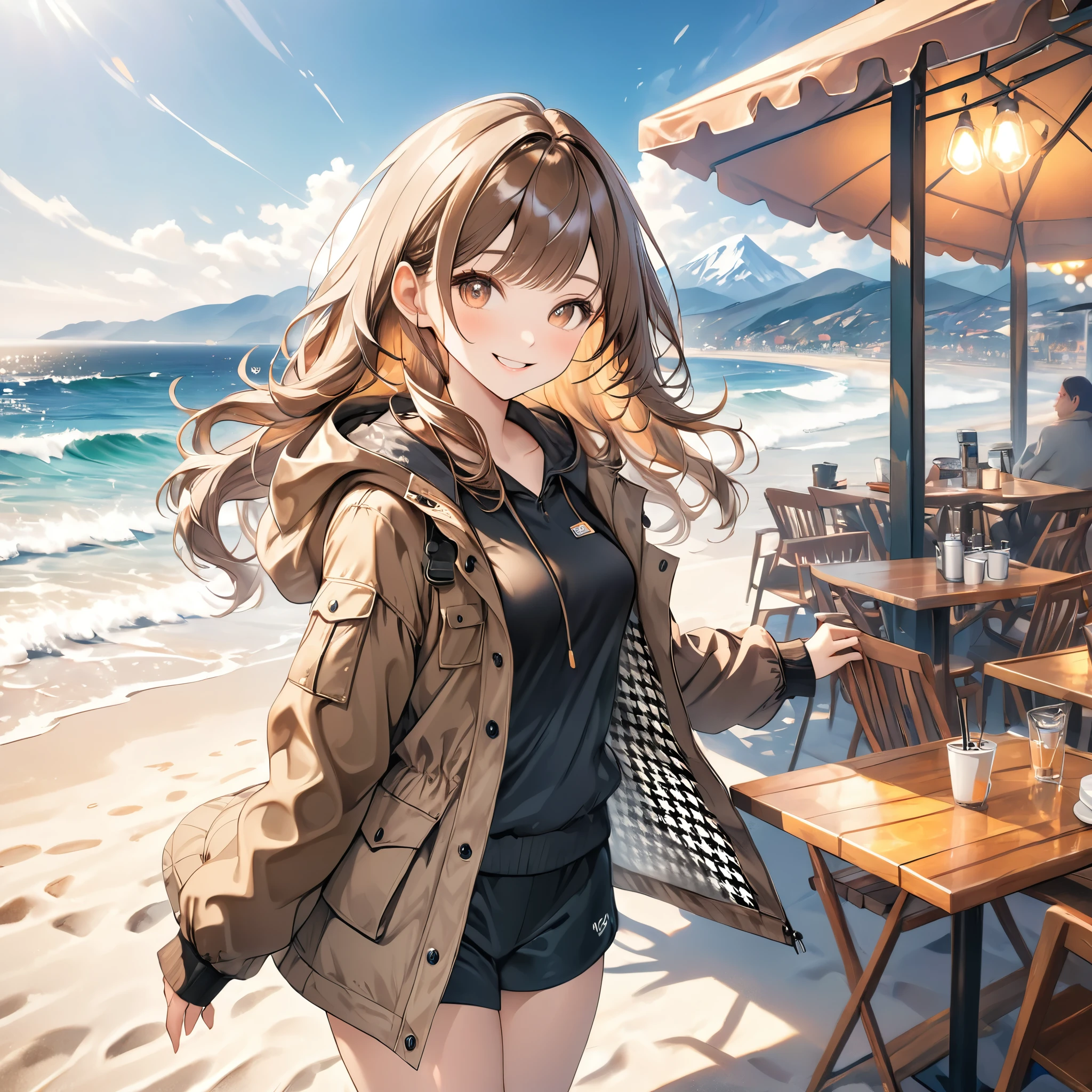 masterpiece, best quality, 8k, highres, ultra-detailed,HDR, UHD, studio lighting, ultra-fine painting, 1girl,solo,   long brown hair,   kind smile,  Mountain parka,very detailed Houndstooth pattern, black bikini, beach cafe Background,soft ocean waves spreading in the distance , Relaxed and cheerful atmosphere  ,  Warm Soft Lights 